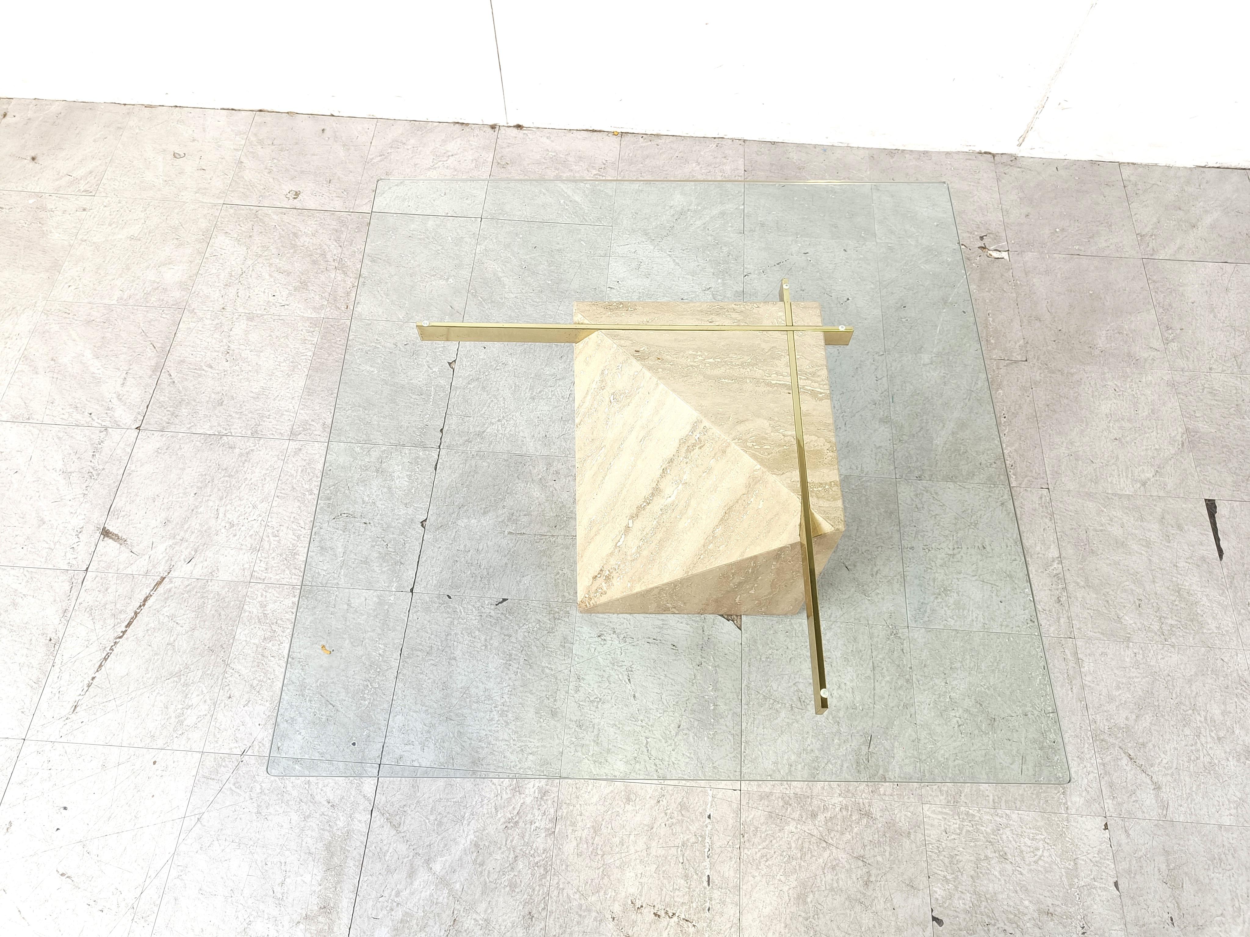 Travertine and brass coffee table by Artedi, 1980s 3