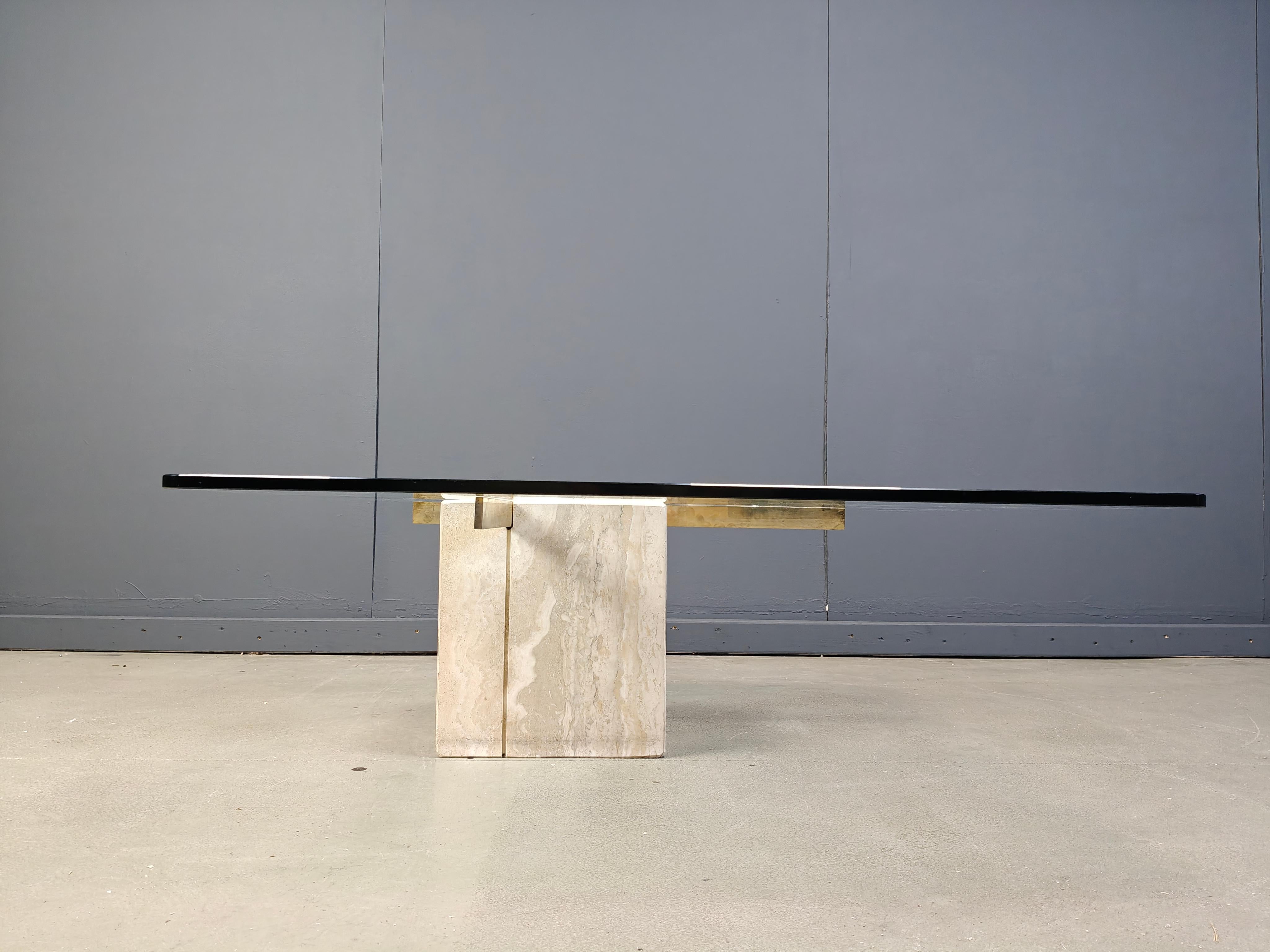 Travertine and brass coffee table by Artedi, 1980s For Sale 3