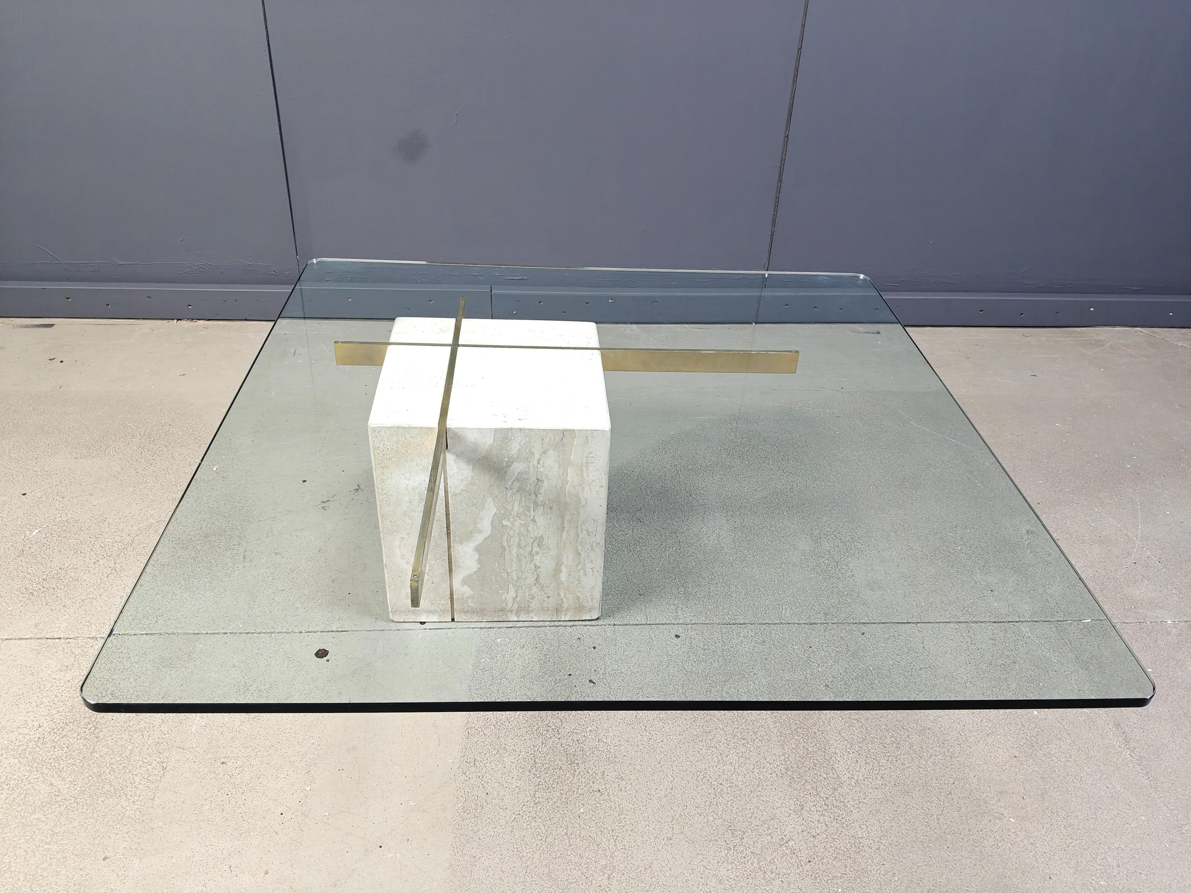Travertine and brass coffee table by Artedi, 1980s For Sale 6