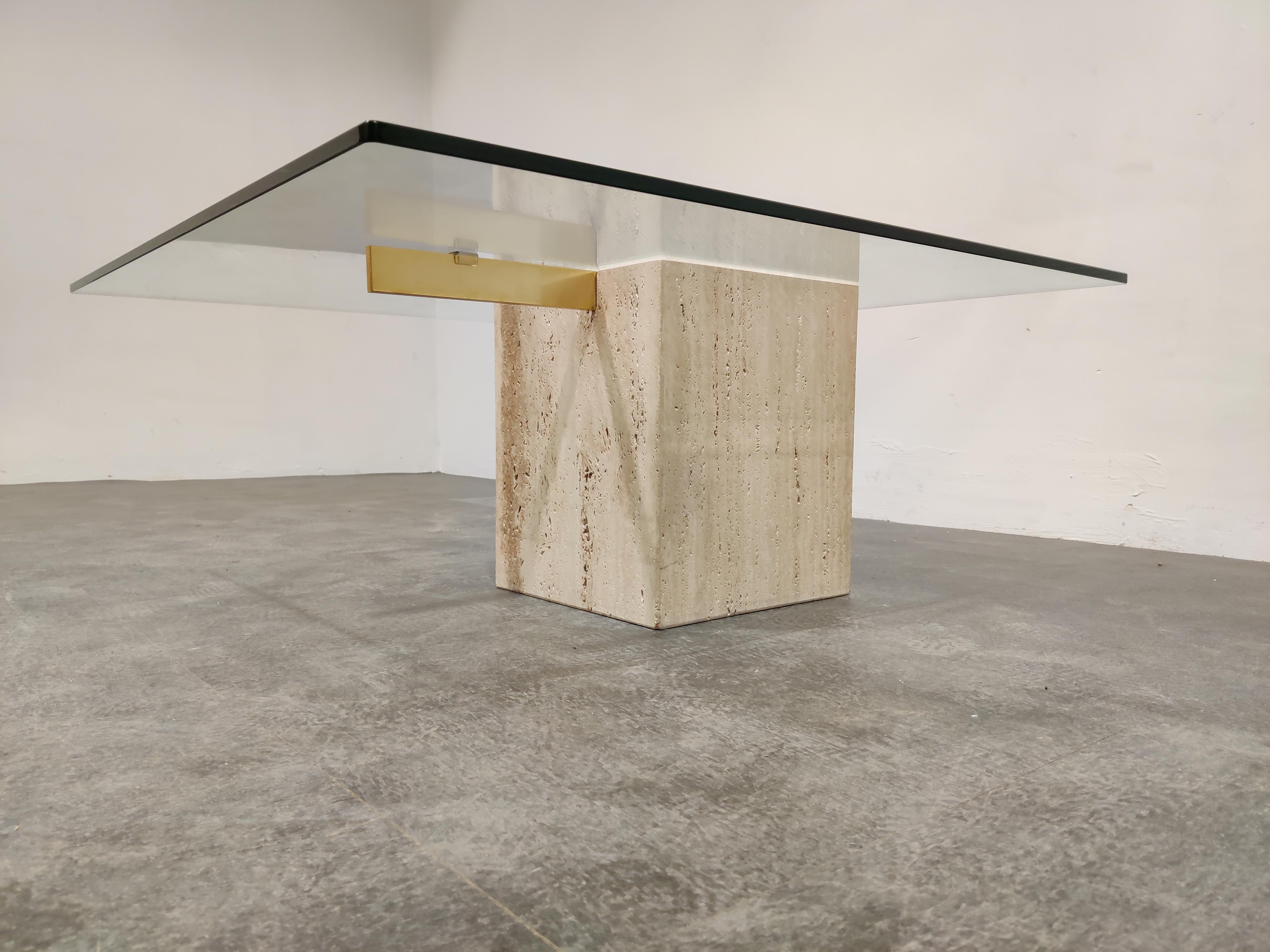 Hollywood Regency Travertine and Brass Coffee Table by Artedi, 1980s