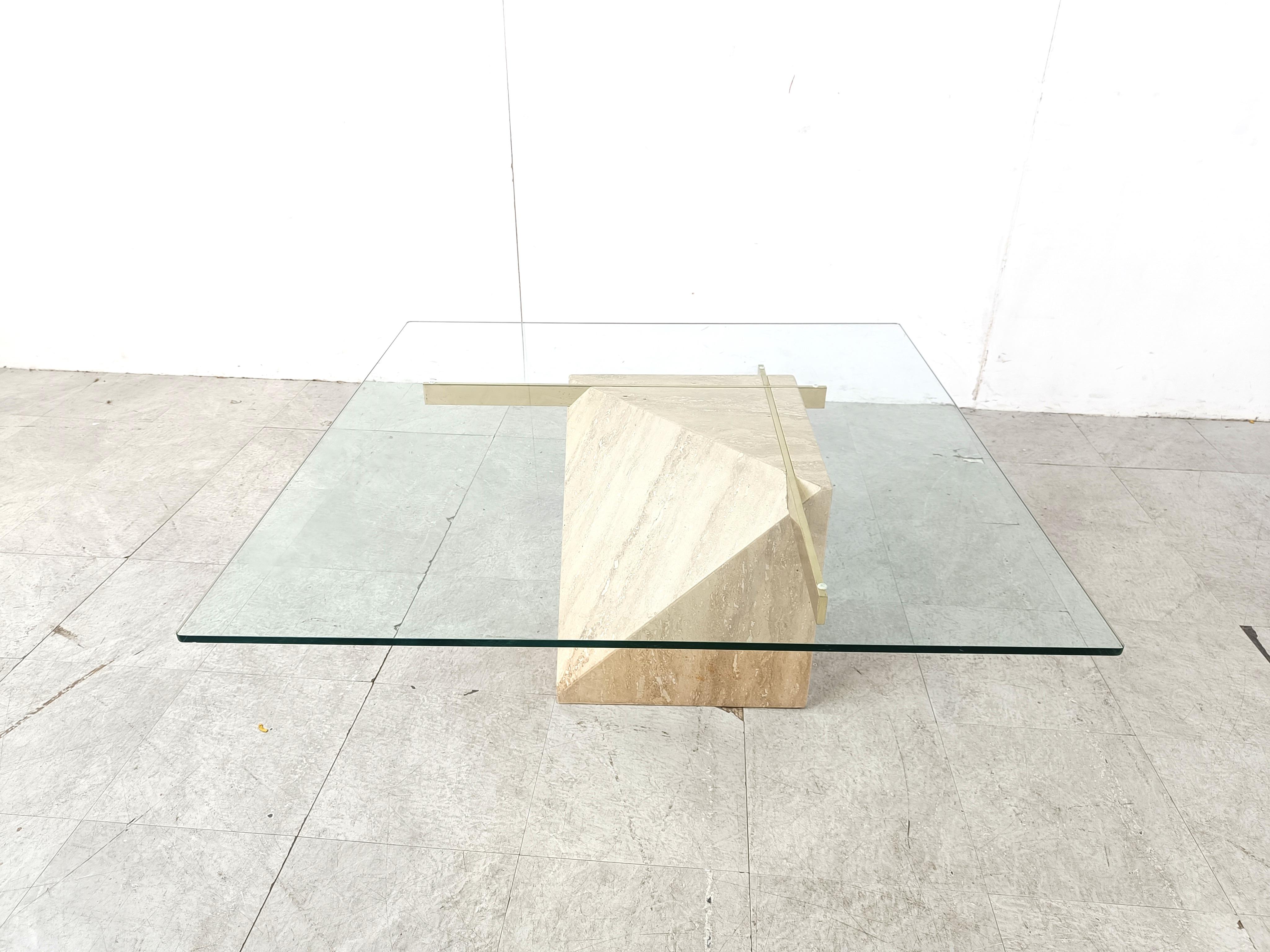 Hollywood Regency Travertine and brass coffee table by Artedi, 1980s