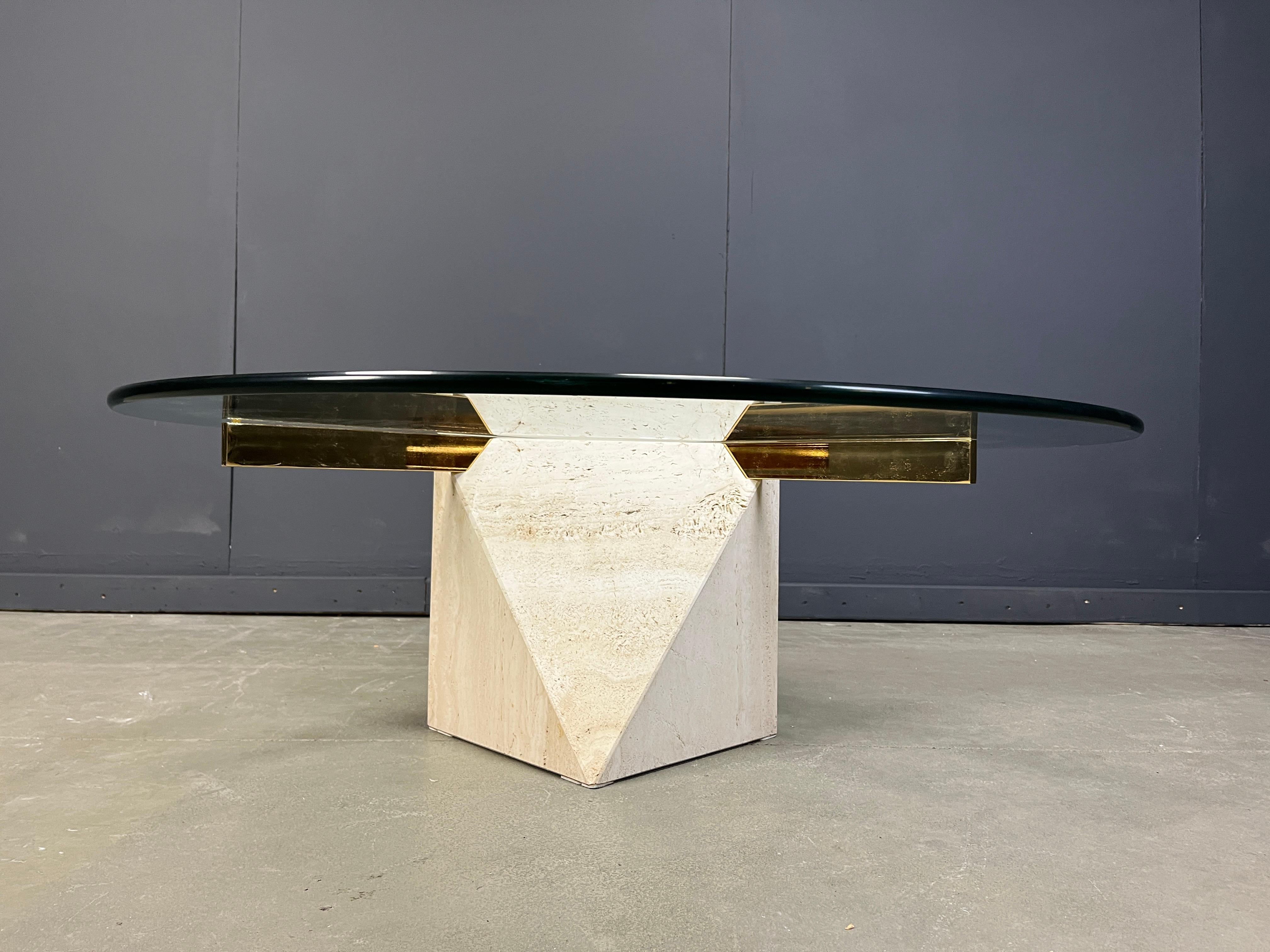 Hollywood Regency Travertine and brass coffee table by Artedi, 1980s