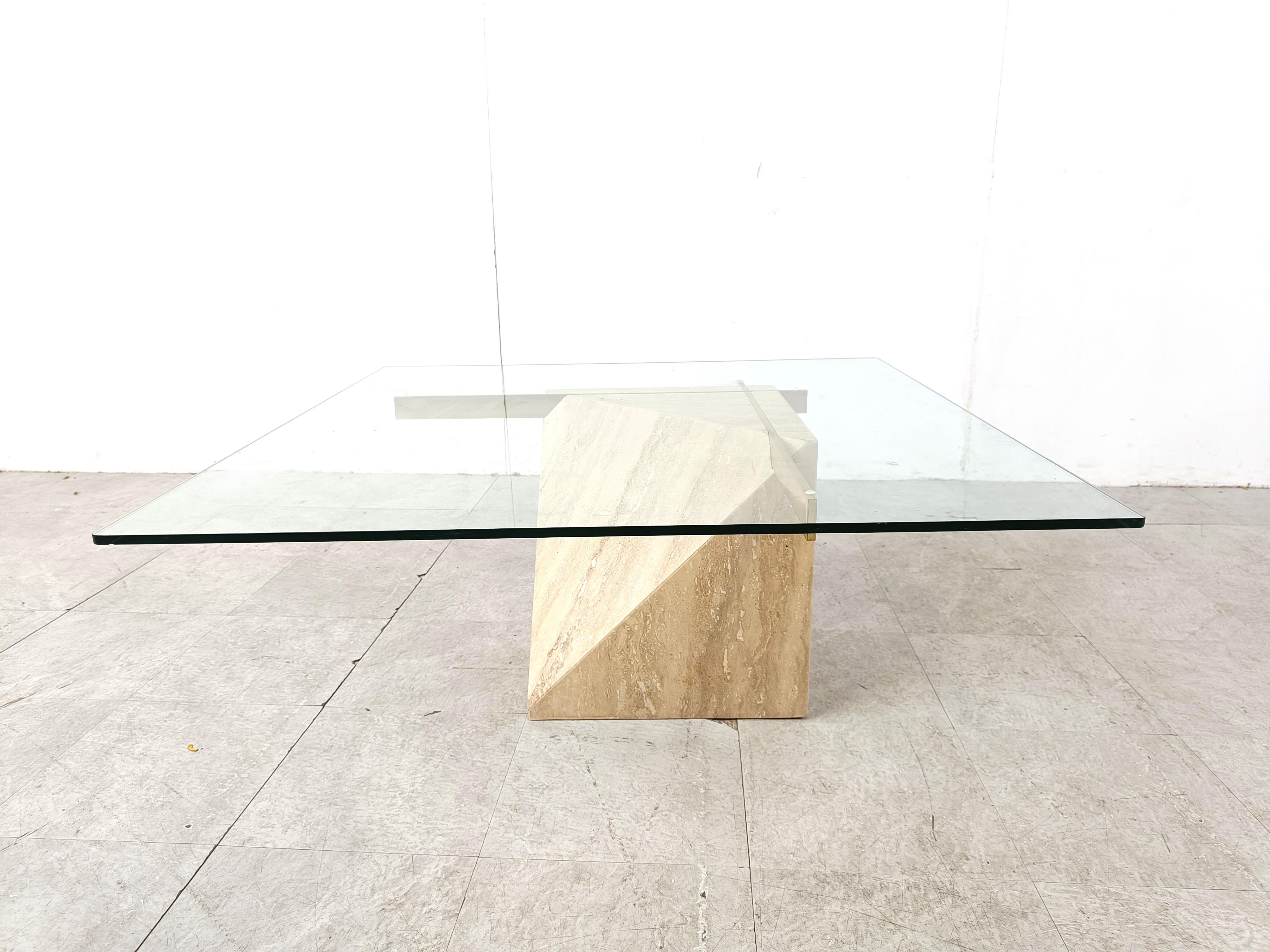 Italian Travertine and brass coffee table by Artedi, 1980s For Sale