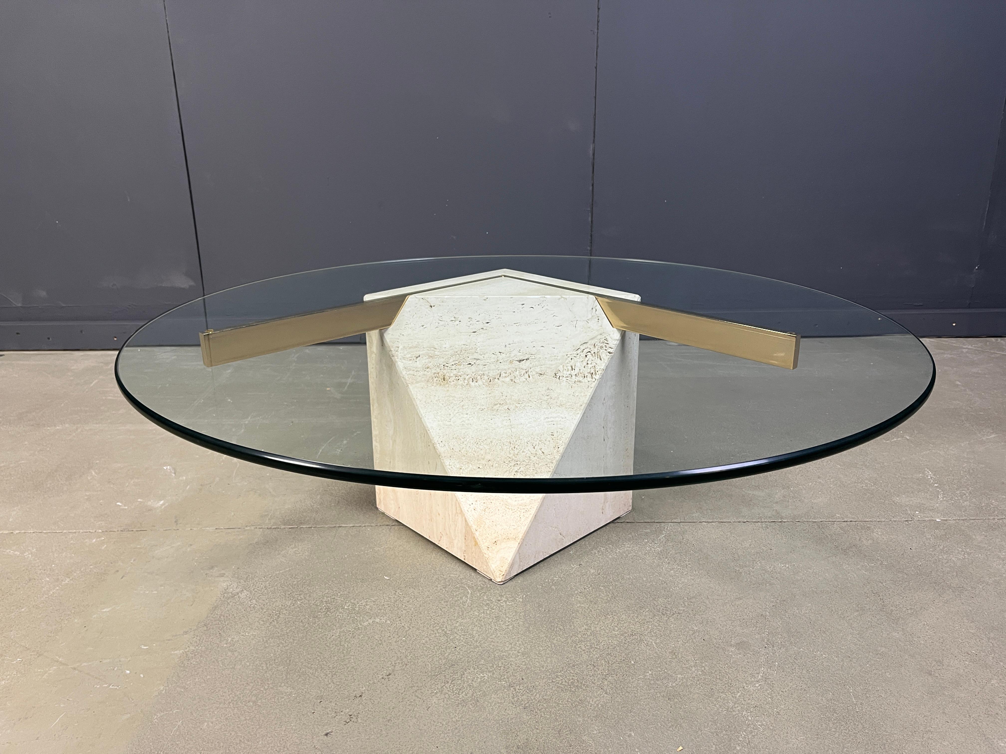 Italian Travertine and brass coffee table by Artedi, 1980s