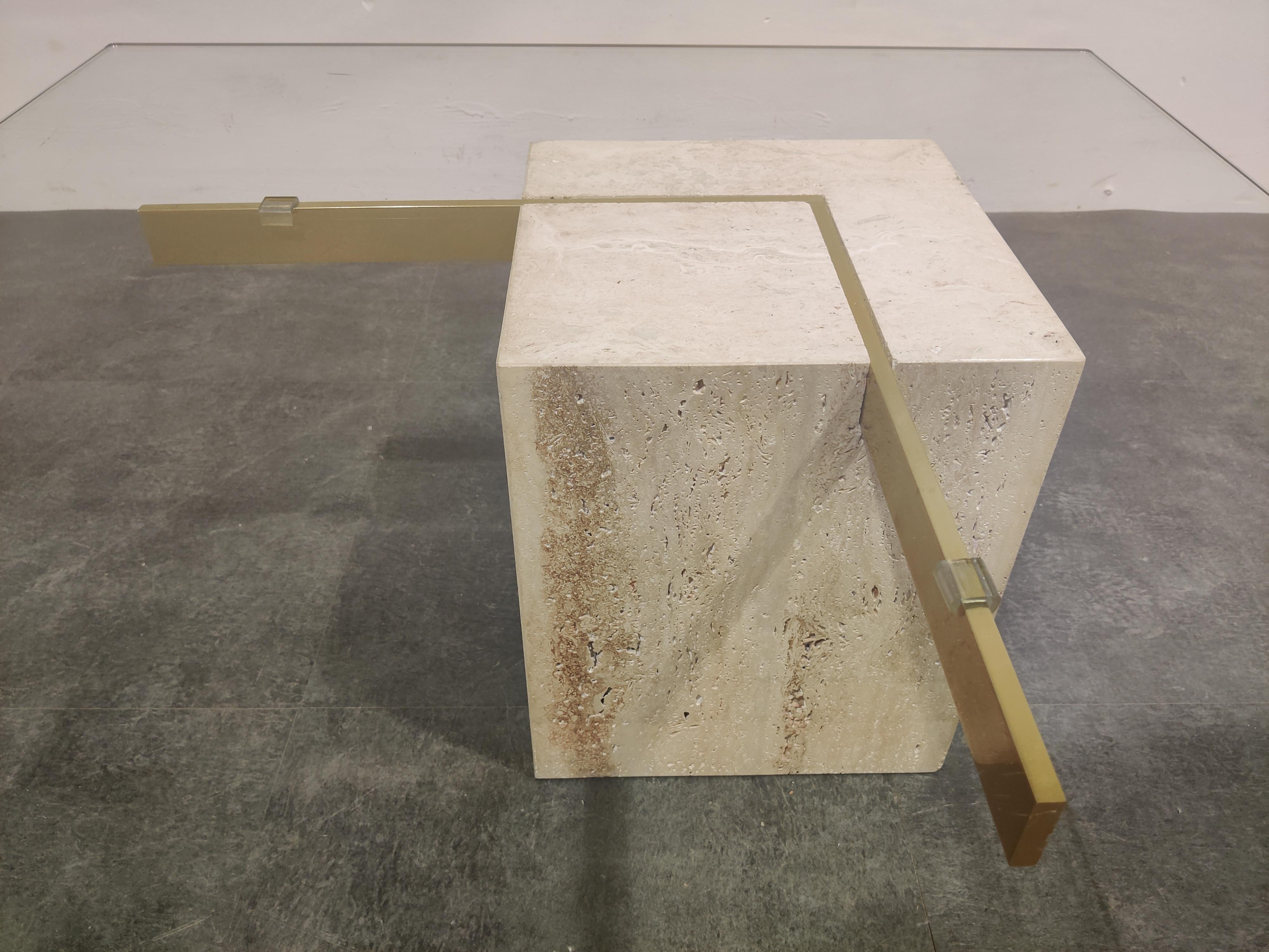 Travertine and Brass Coffee Table by Artedi, 1980s In Good Condition In HEVERLEE, BE