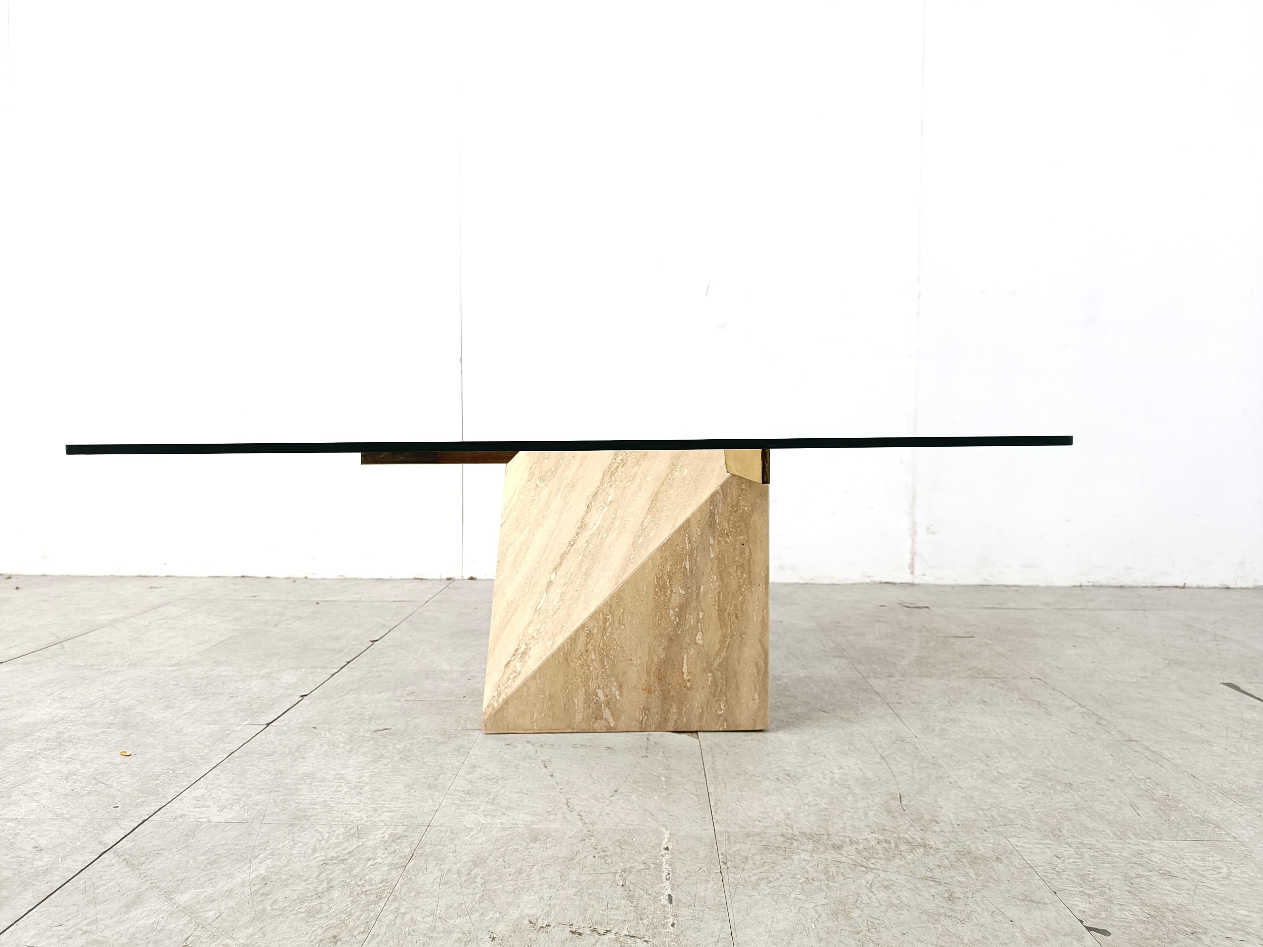 Late 20th Century Travertine and brass coffee table by Artedi, 1980s For Sale