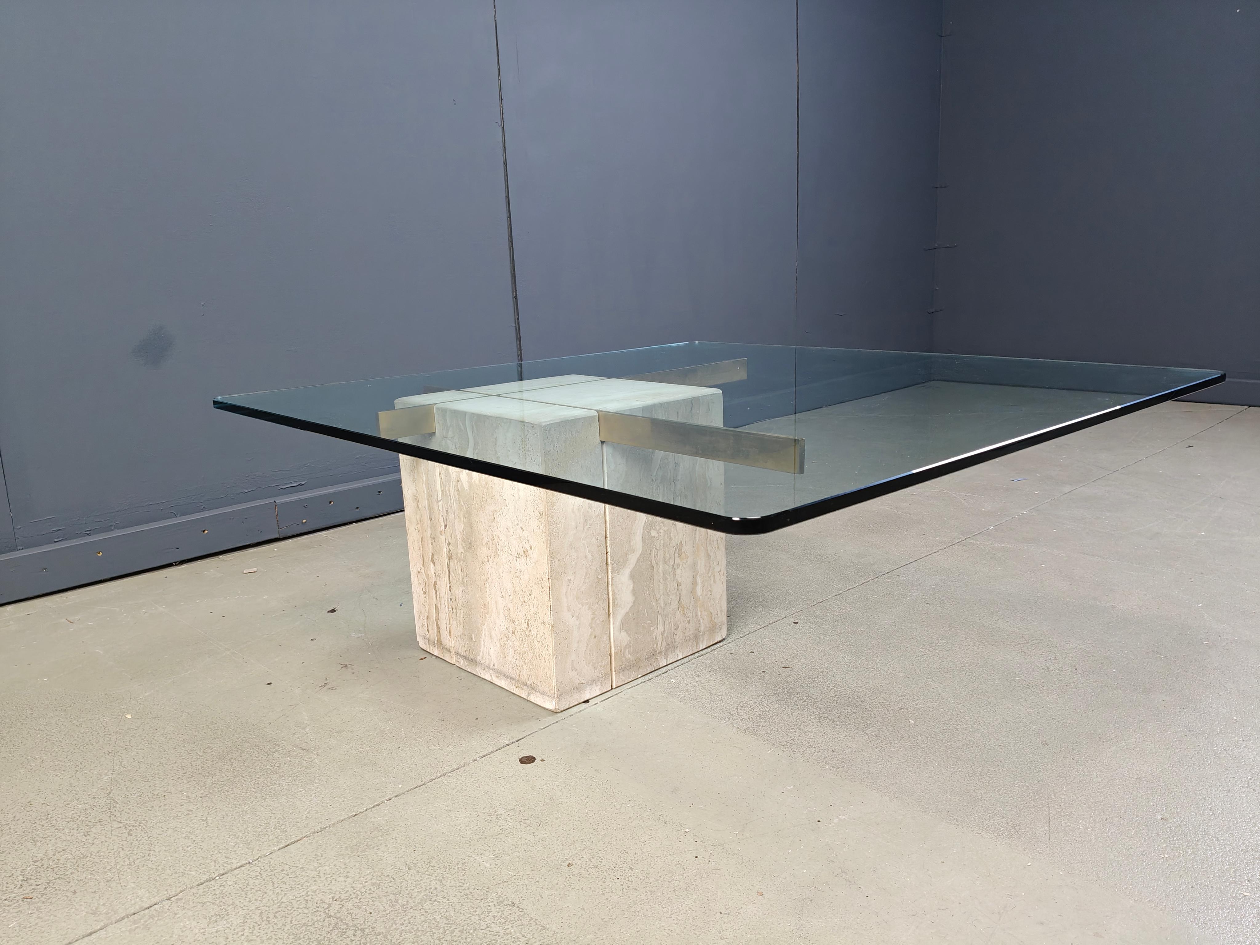 Late 20th Century Travertine and brass coffee table by Artedi, 1980s For Sale