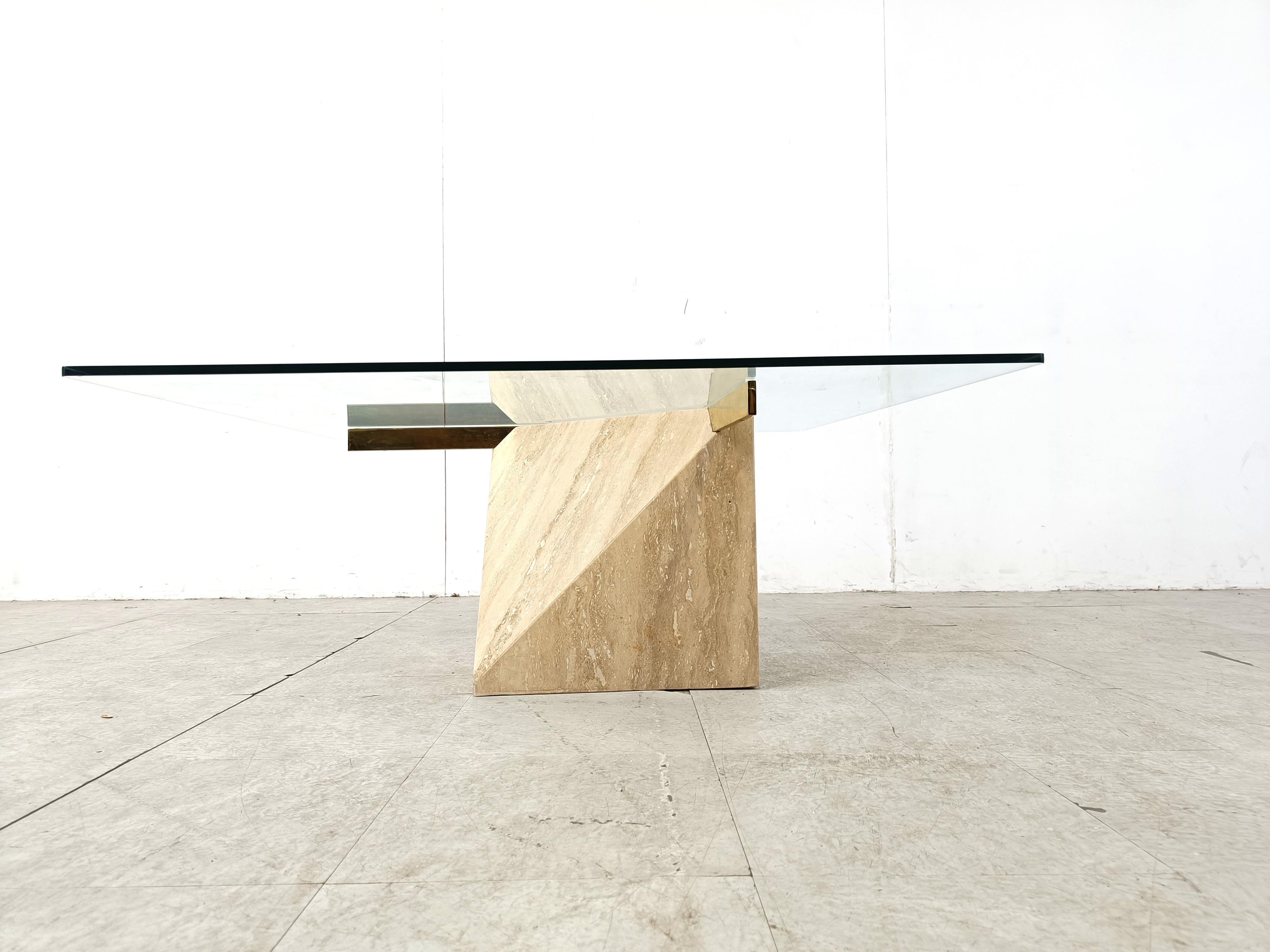 Brass Travertine and brass coffee table by Artedi, 1980s For Sale