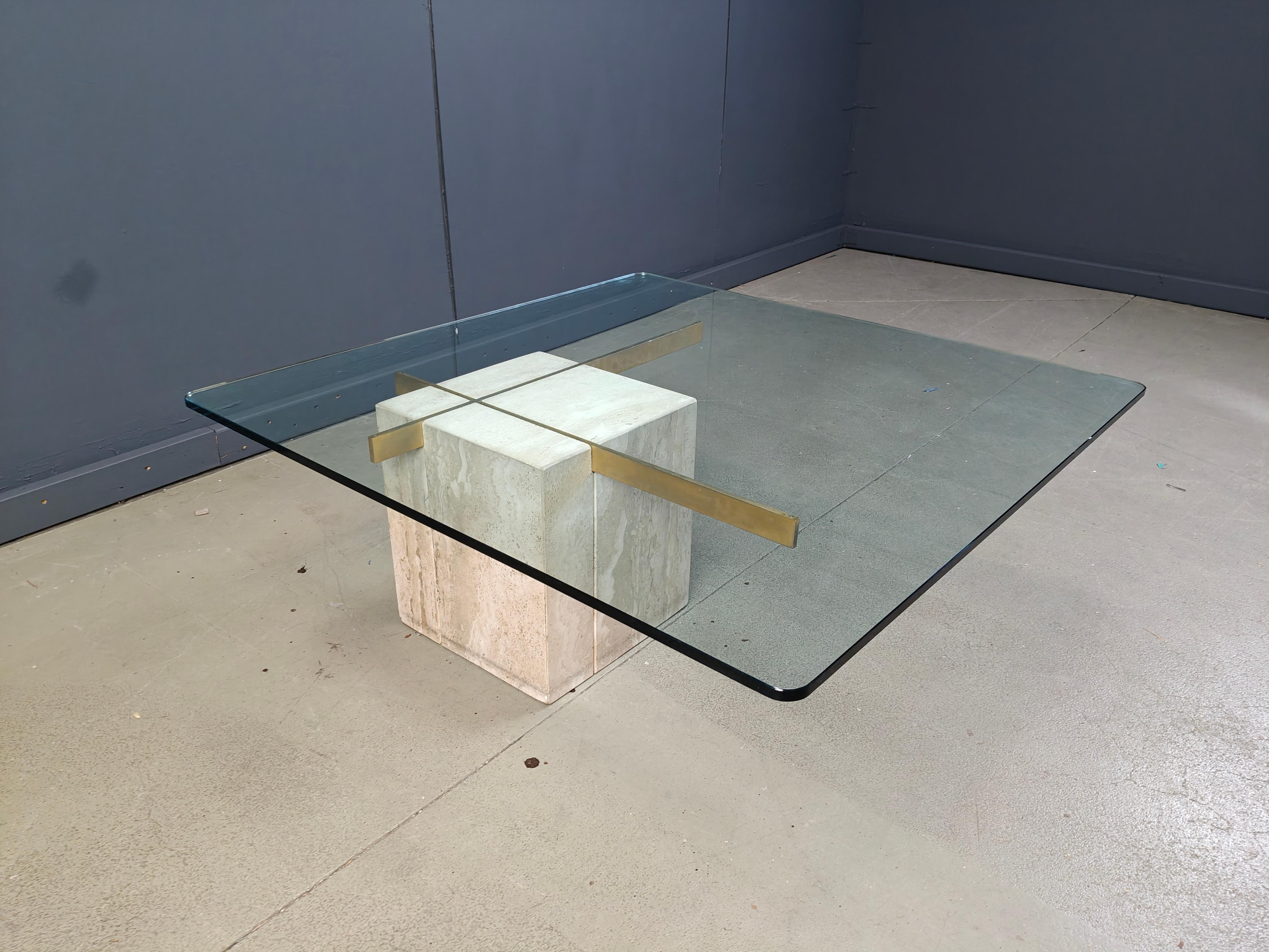 Brass Travertine and brass coffee table by Artedi, 1980s For Sale