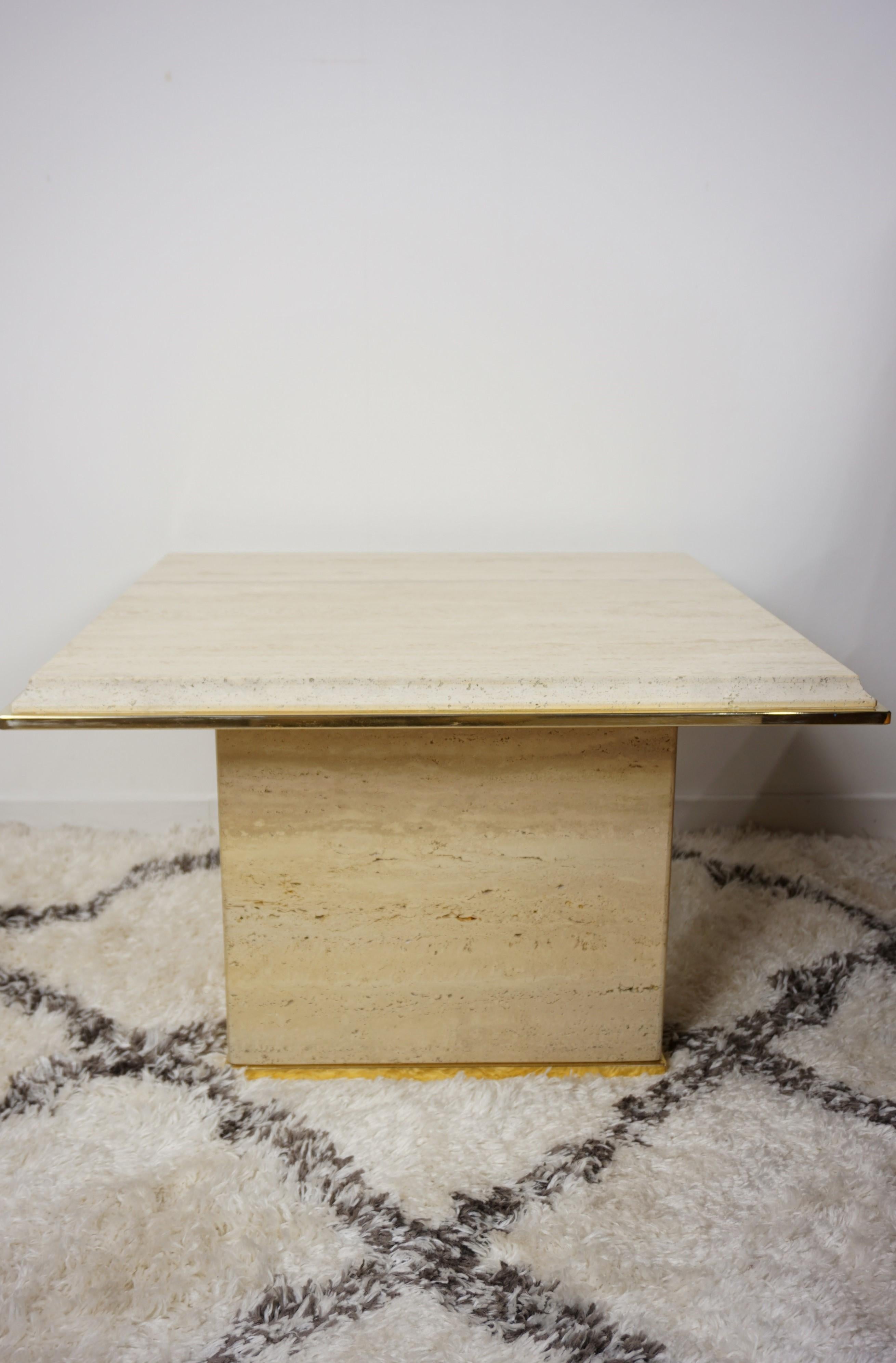 Travertine and Brass Coffee Table Hollywood Regency Style For Sale 6