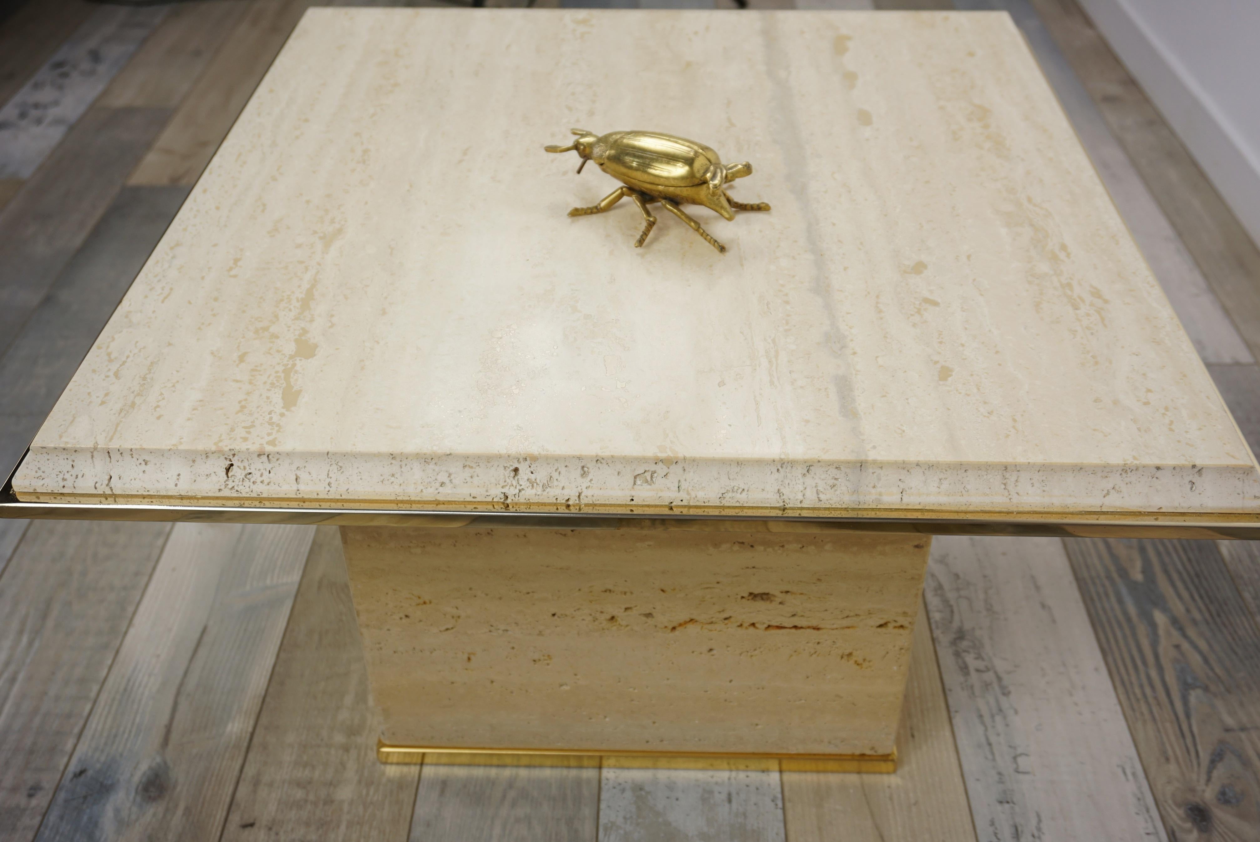 Travertine and Brass Coffee Table Hollywood Regency Style For Sale 2