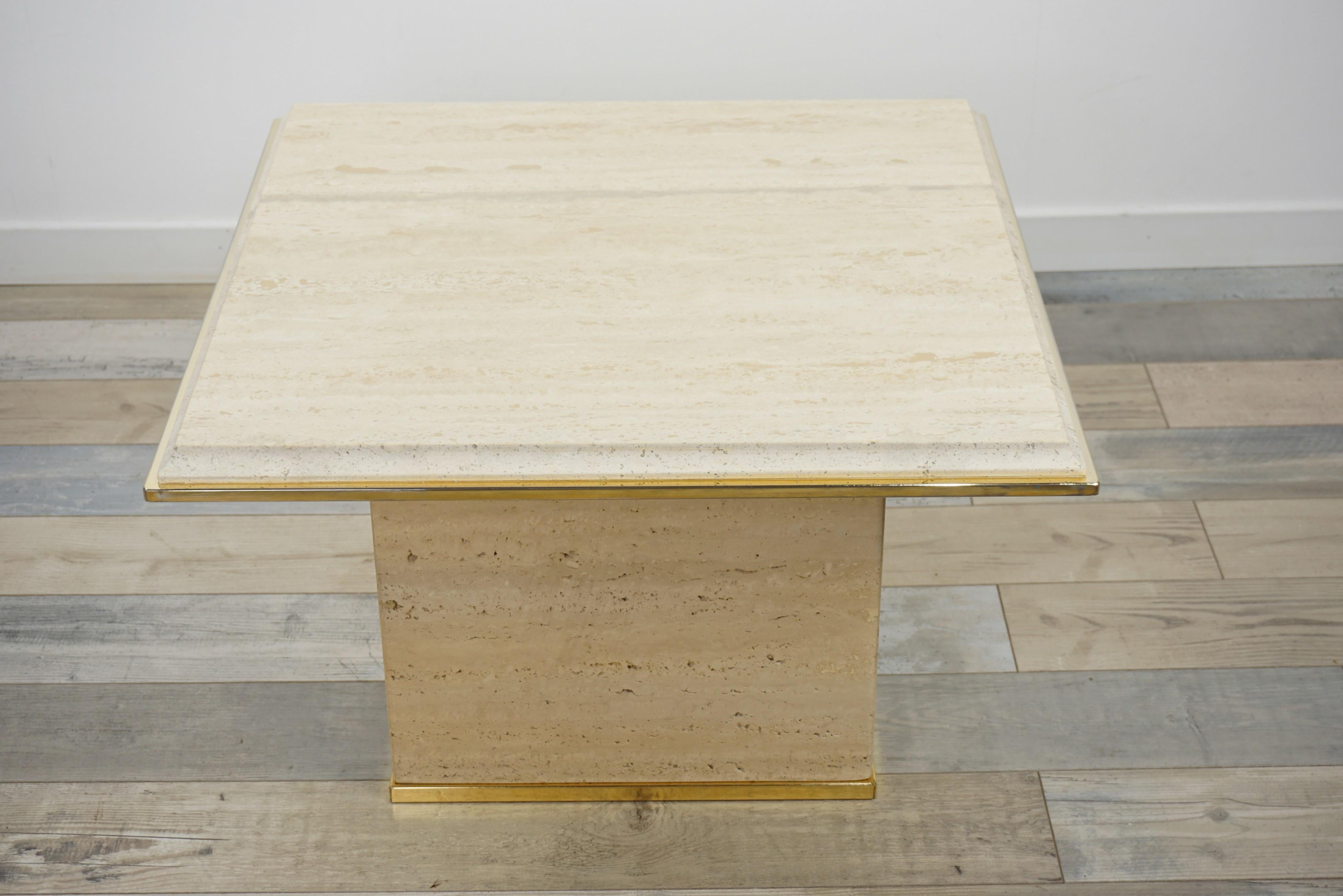 Travertine and Brass Coffee Table Hollywood Regency Style For Sale 4