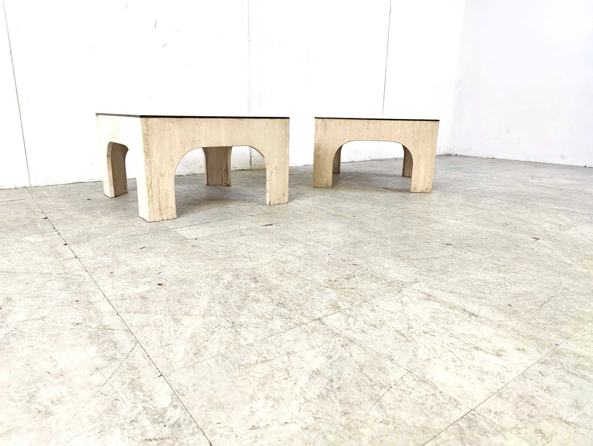 Mid-Century Modern Travertine and brass coffee tables attributed to Willy Rizzo, 1970s For Sale