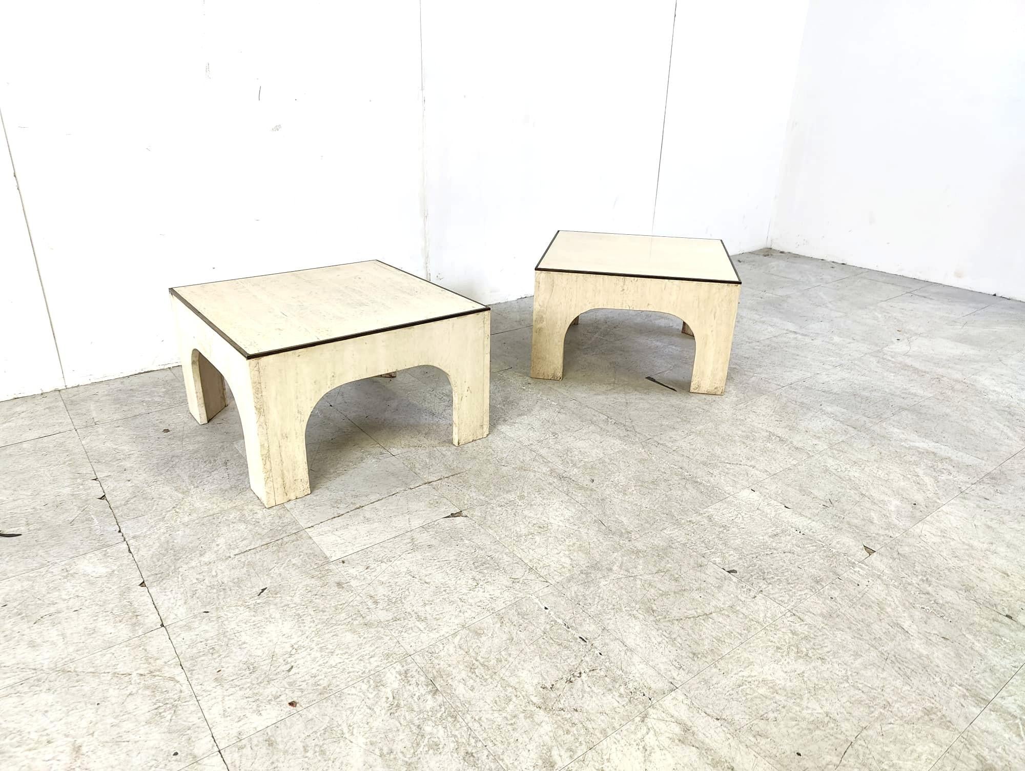 Italian Travertine and brass coffee tables attributed to Willy Rizzo, 1970s For Sale