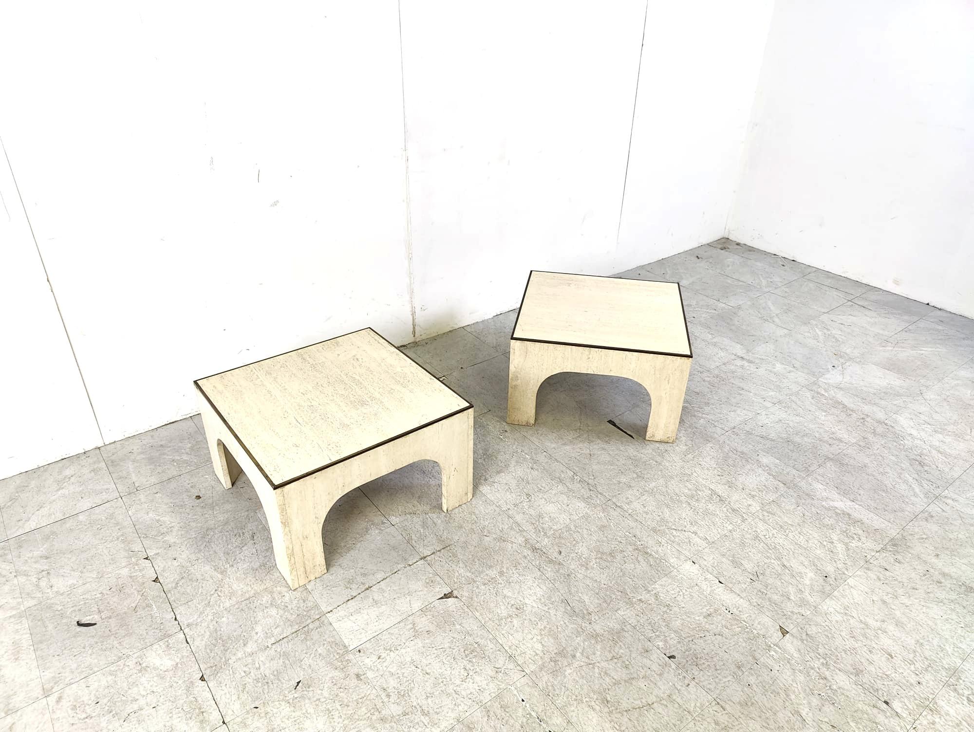 Travertine and brass coffee tables attributed to Willy Rizzo, 1970s In Good Condition For Sale In HEVERLEE, BE