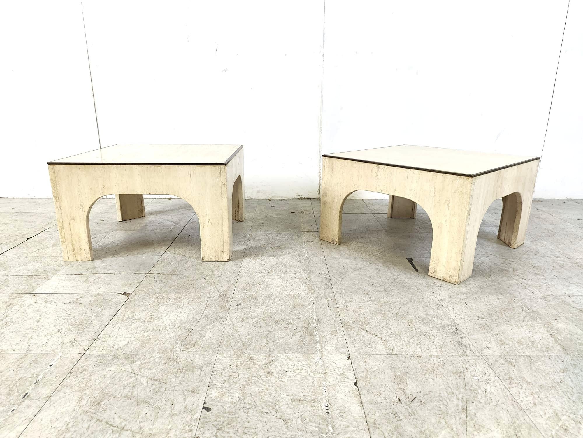 Late 20th Century Travertine and brass coffee tables attributed to Willy Rizzo, 1970s For Sale