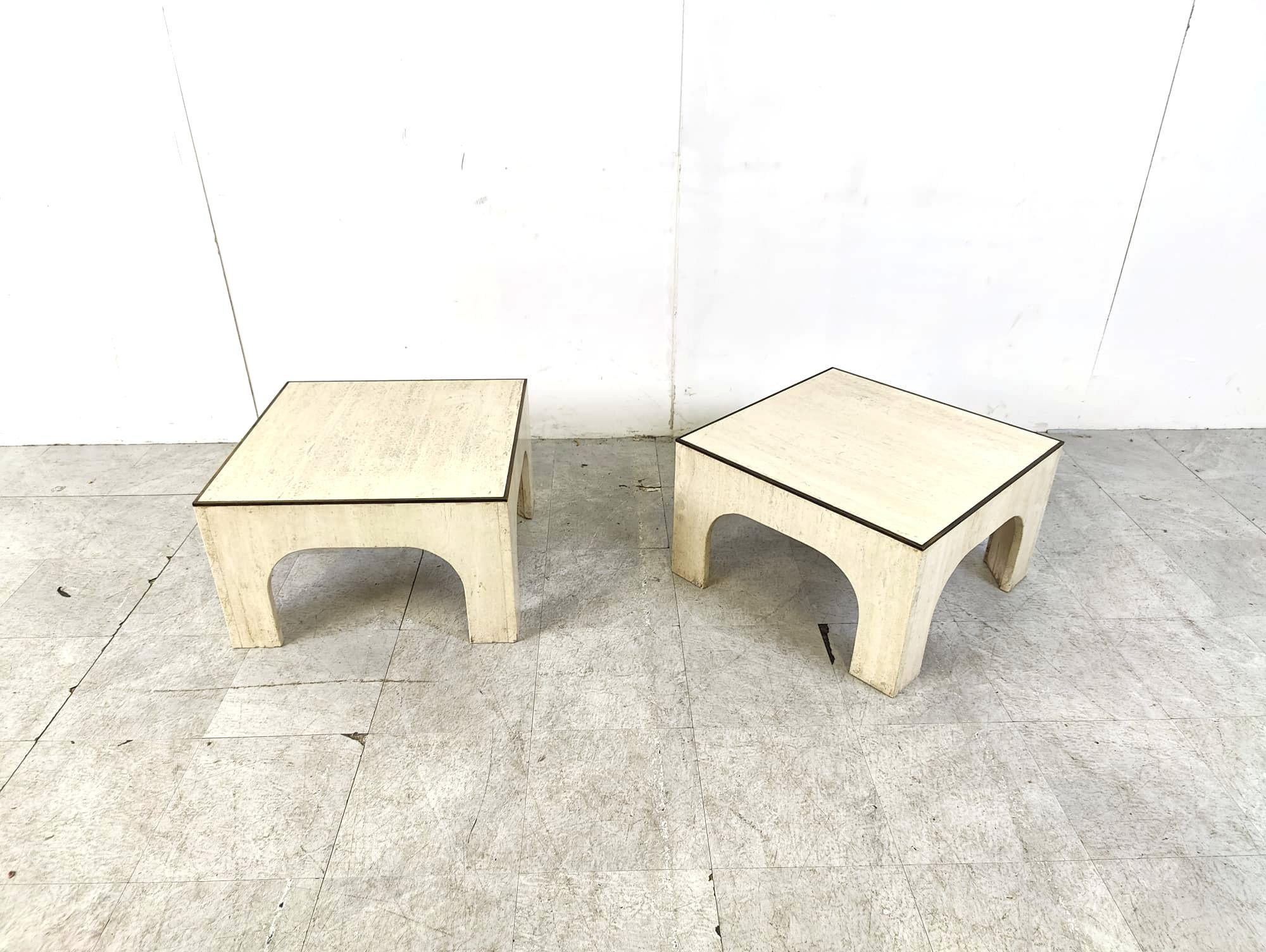 Brass Travertine and brass coffee tables attributed to Willy Rizzo, 1970s For Sale