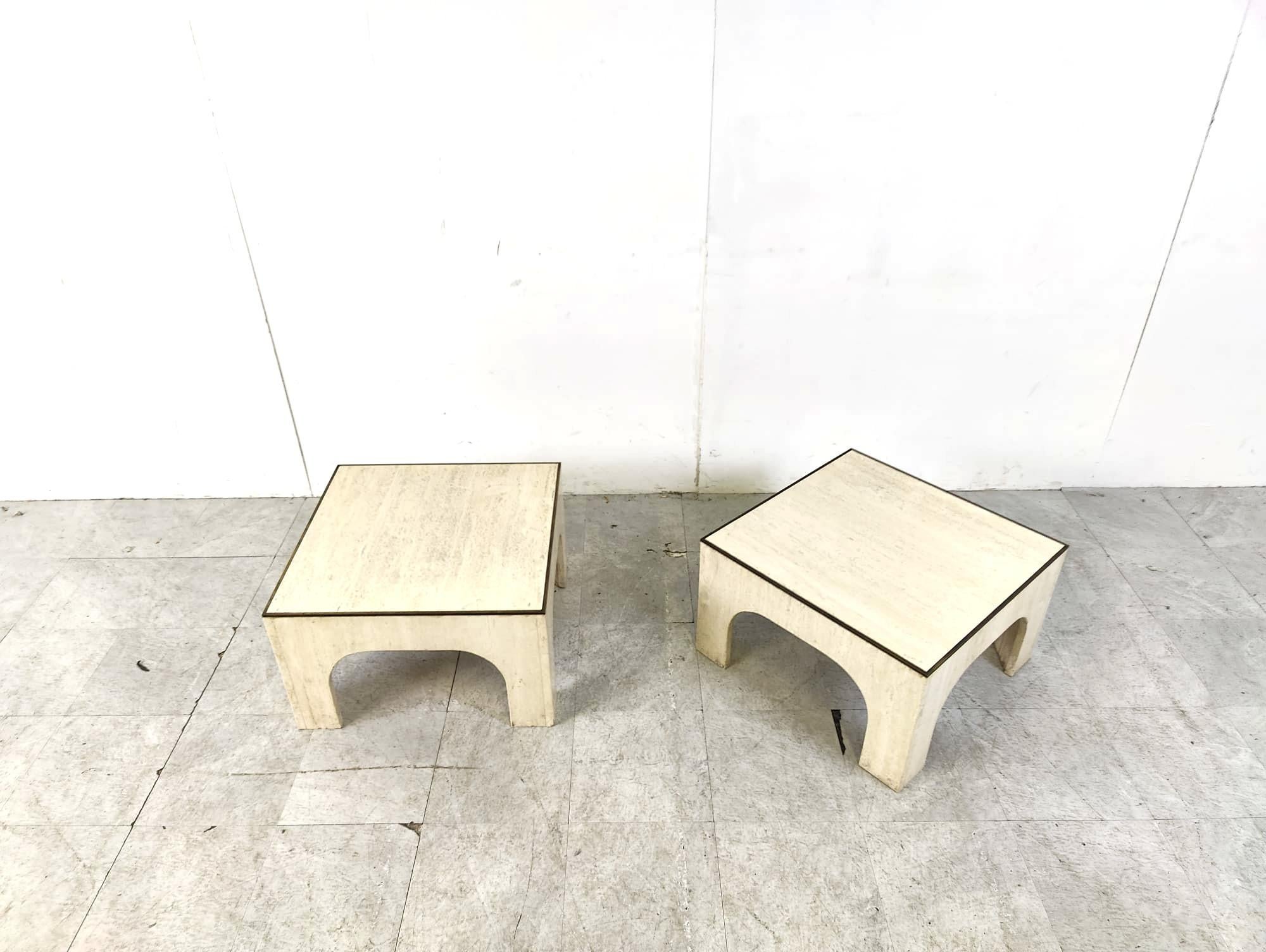 Travertine and brass coffee tables attributed to Willy Rizzo, 1970s For Sale 1