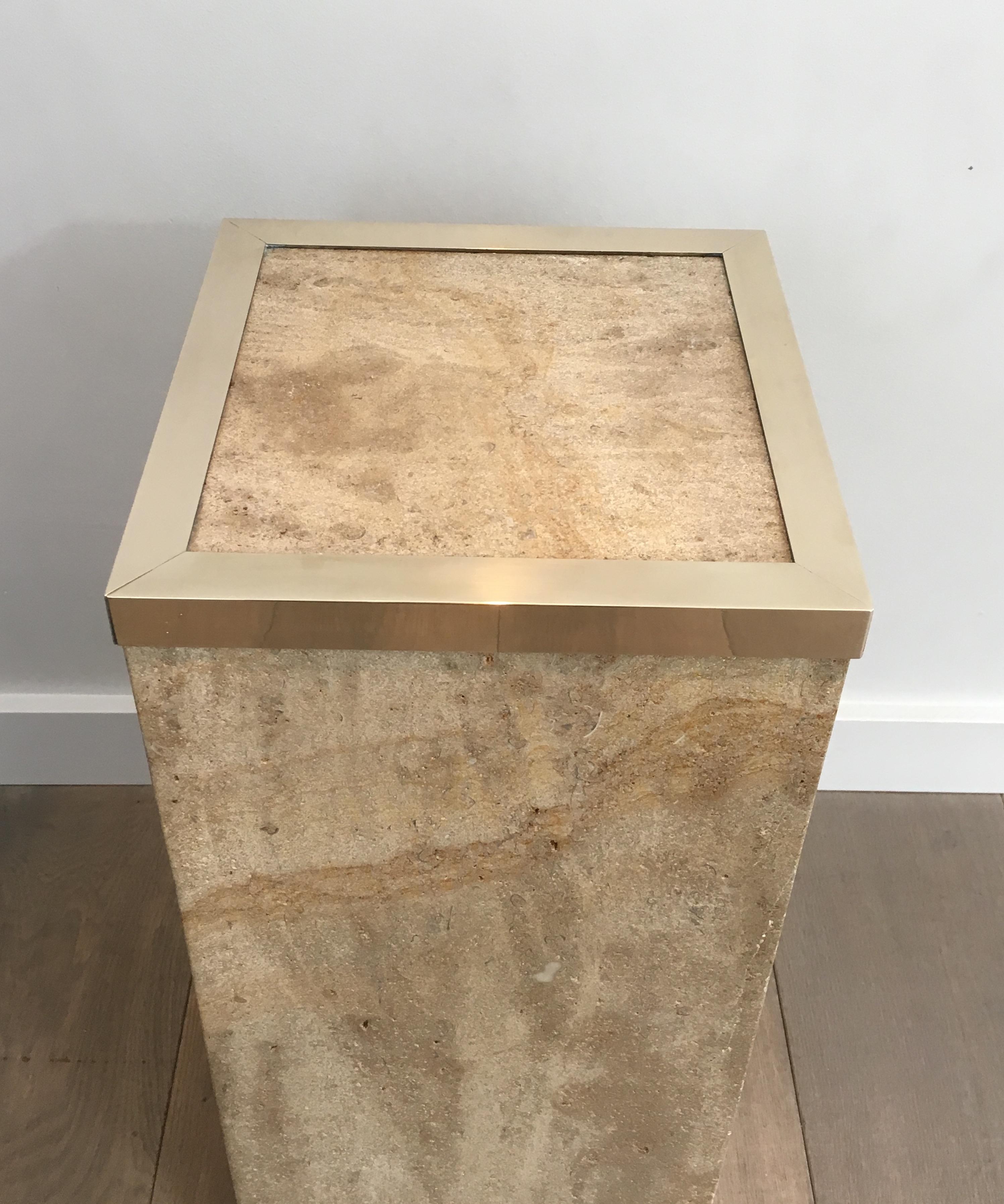 Late 20th Century Travertine and Brass Column, French, circa 1970 For Sale