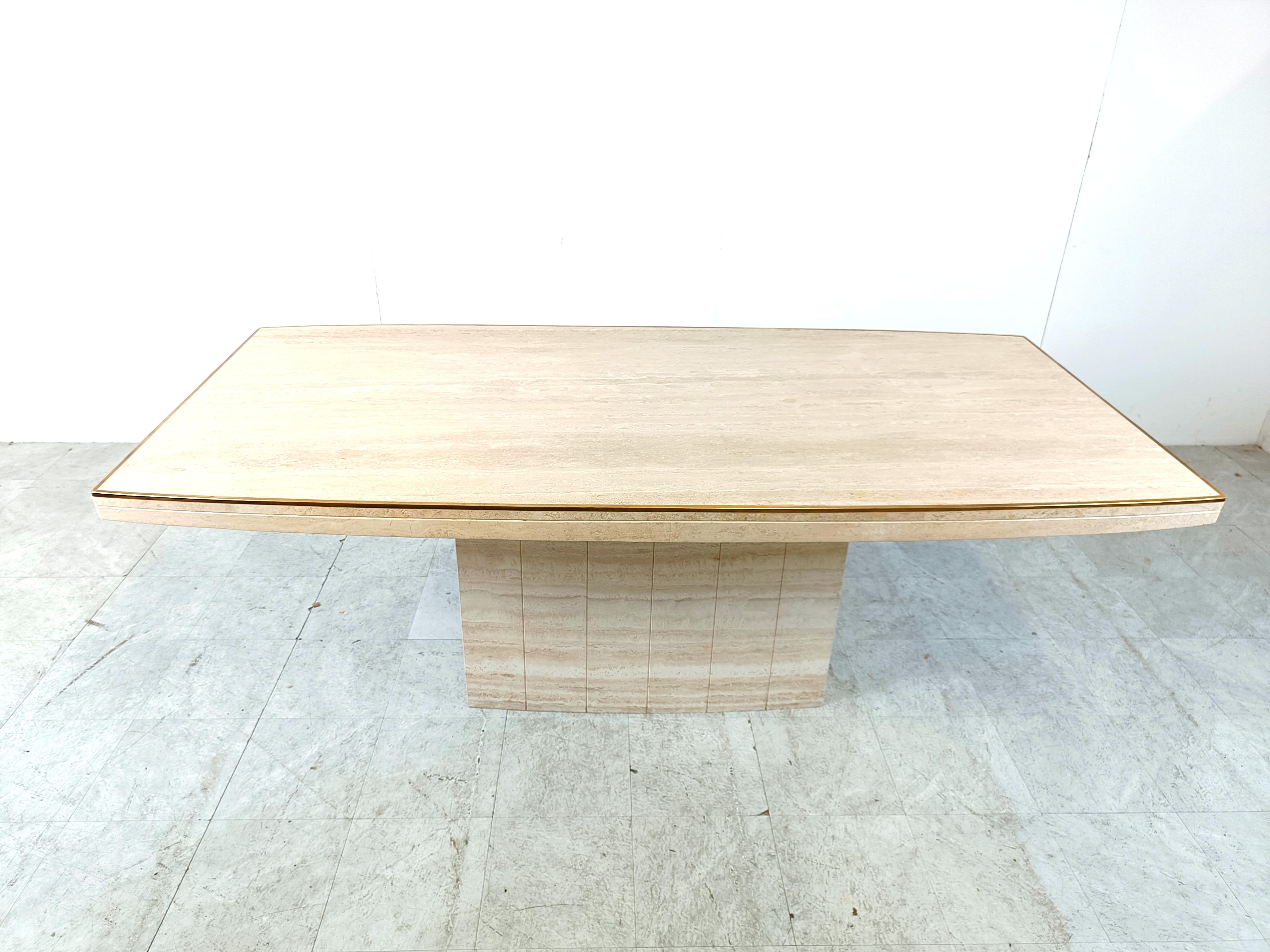 Hollywood Regency Travertine and brass dining table by Jean Charles, 1970s For Sale