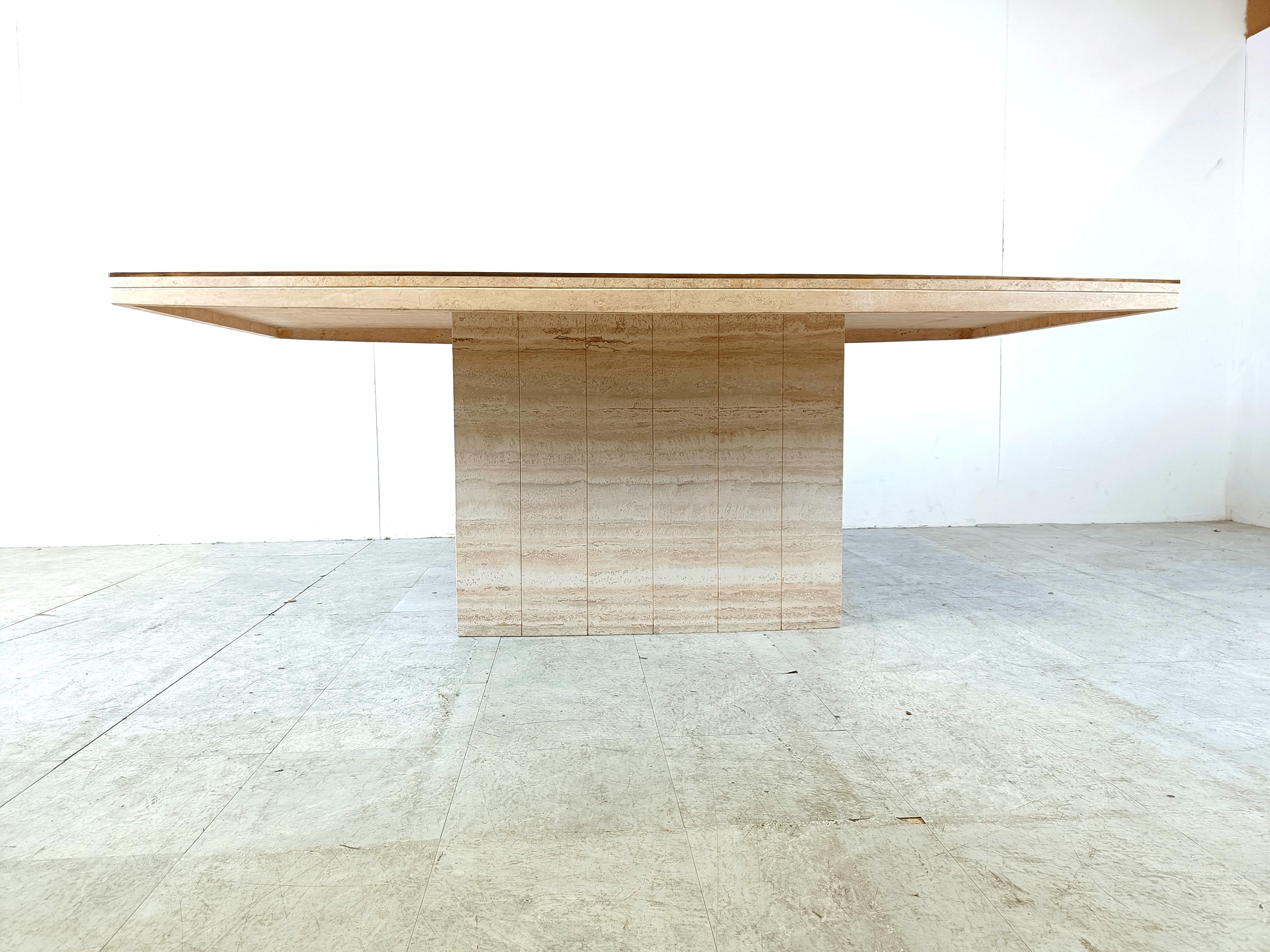 French Travertine and brass dining table by Jean Charles, 1970s For Sale