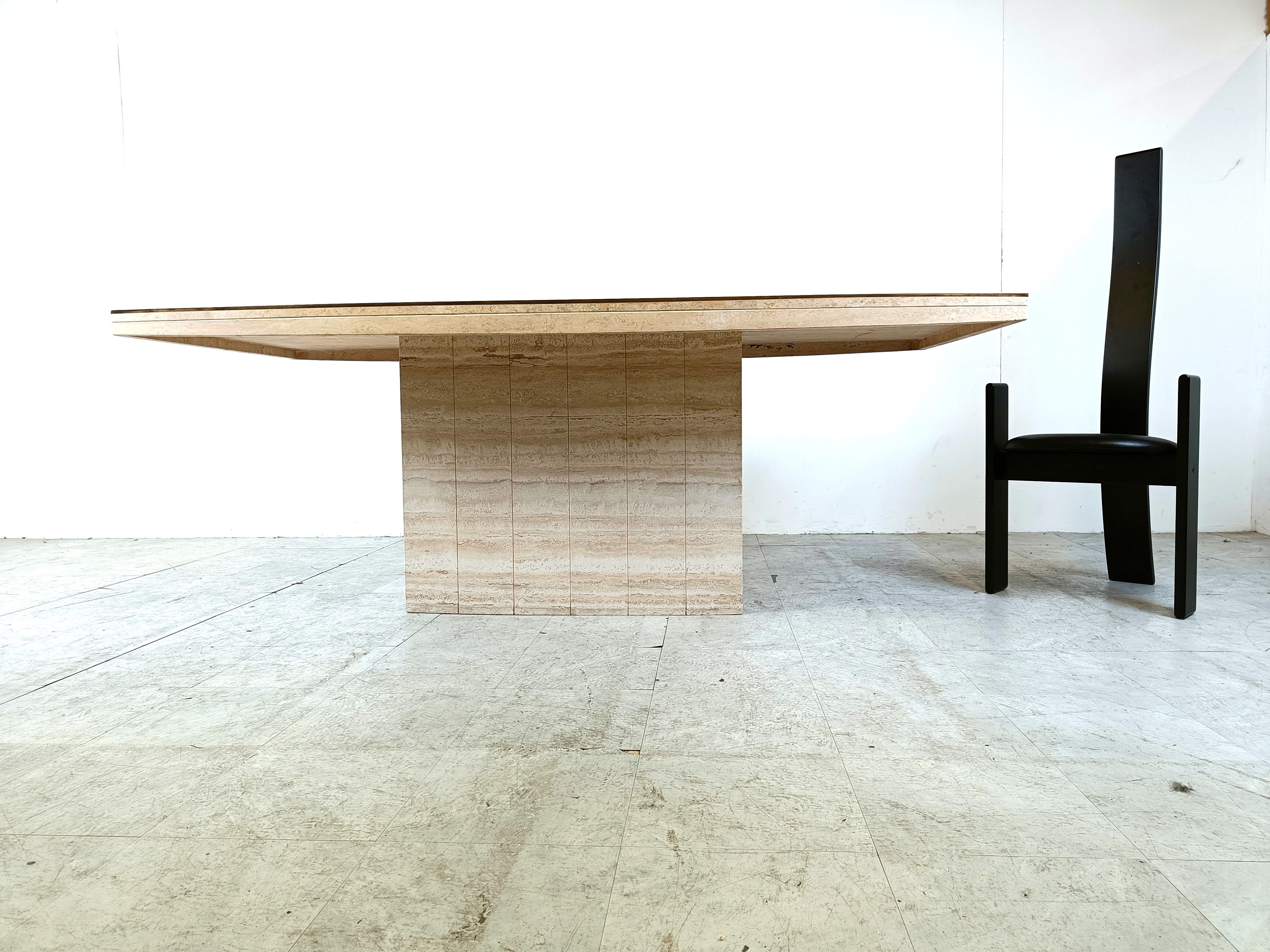 Brass Travertine and brass dining table by Jean Charles, 1970s For Sale