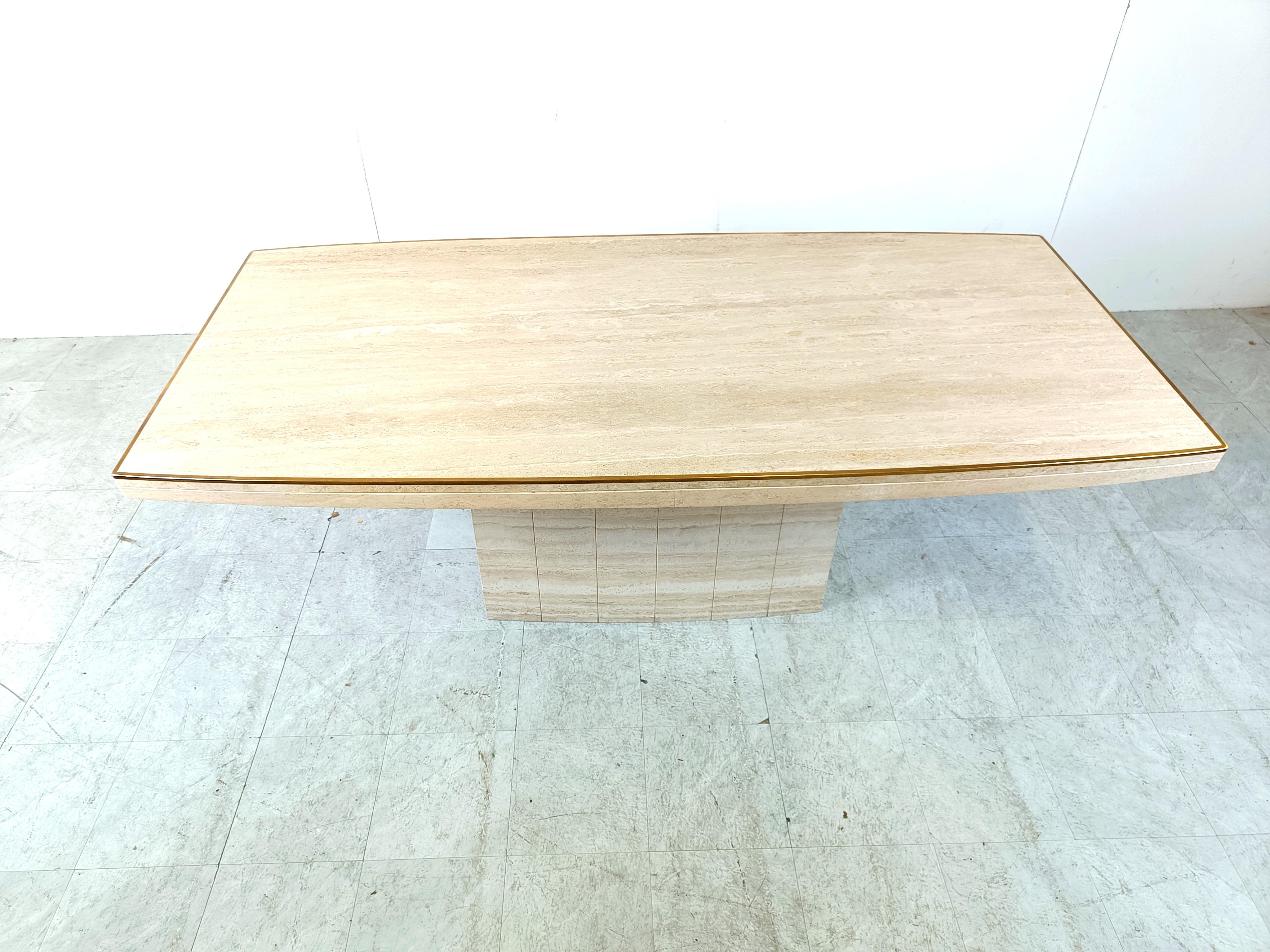 Travertine and brass dining table by Jean Charles, 1970s For Sale 1