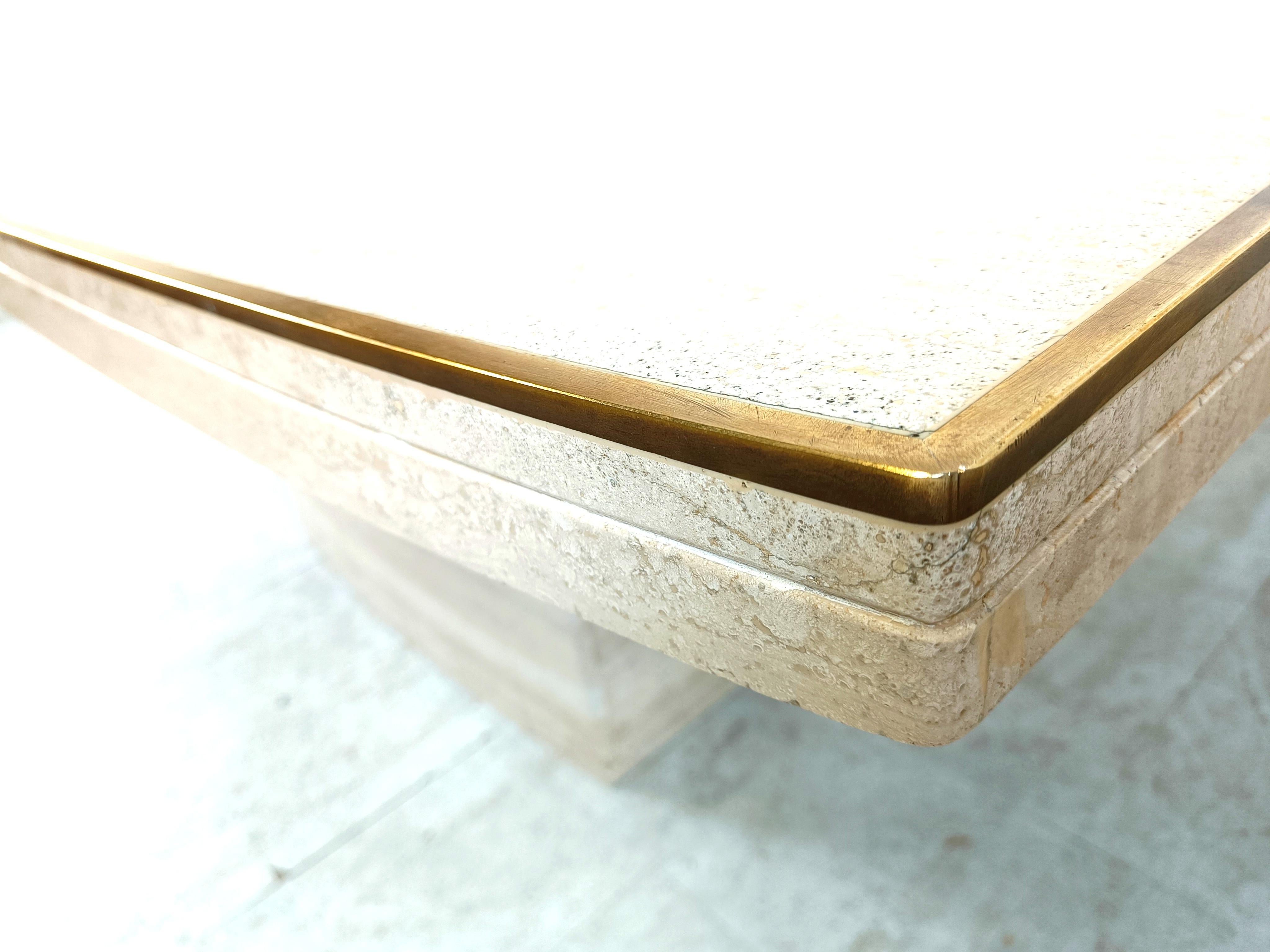 Travertine and brass dining table by Jean Charles, 1970s For Sale 2