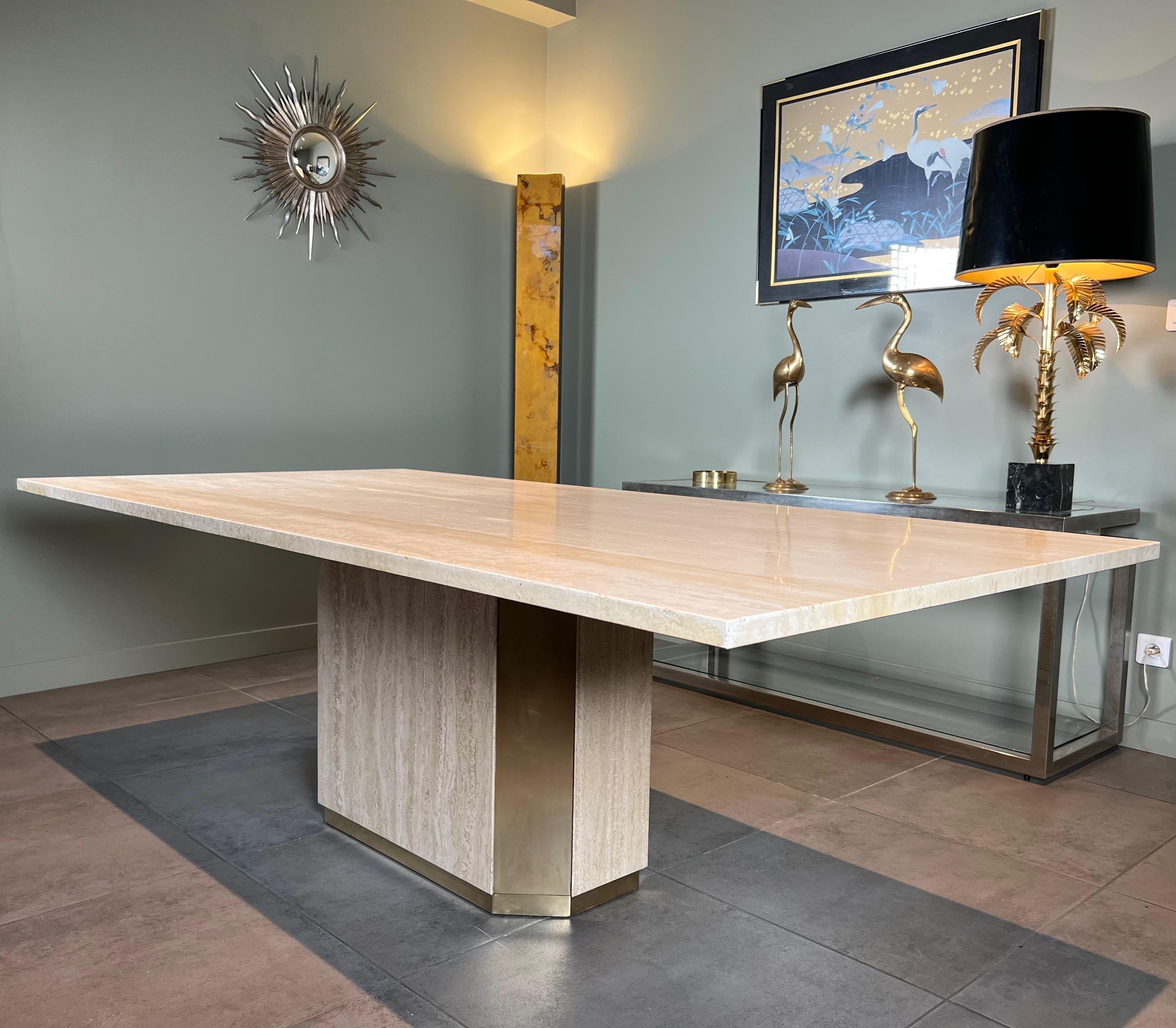 Travertine and Brass Dining Table. French Work. Circa 1970 For Sale 7