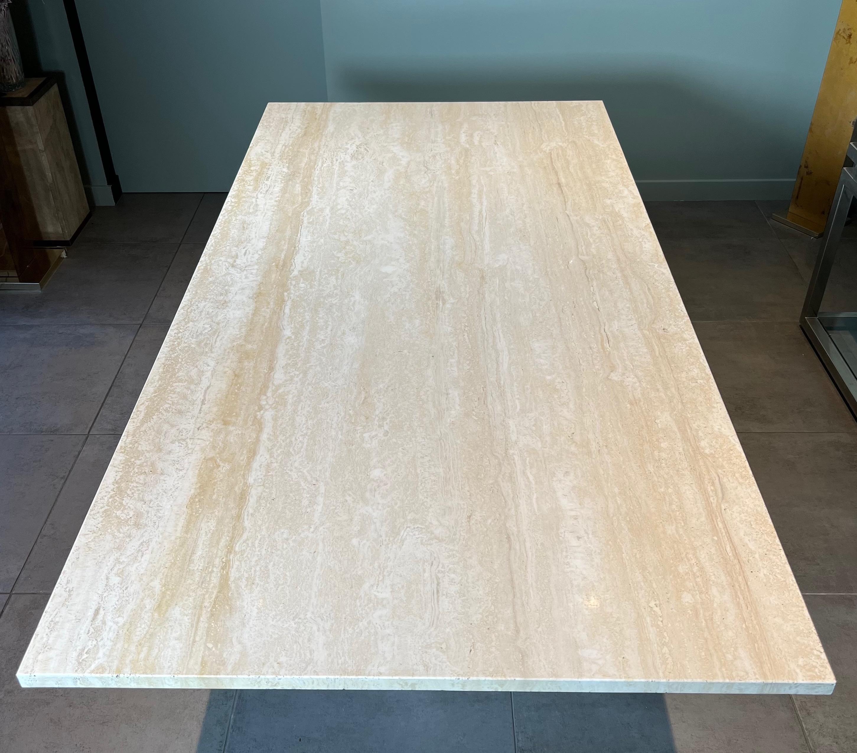 Late 20th Century Travertine and Brass Dining Table. French Work. Circa 1970 For Sale