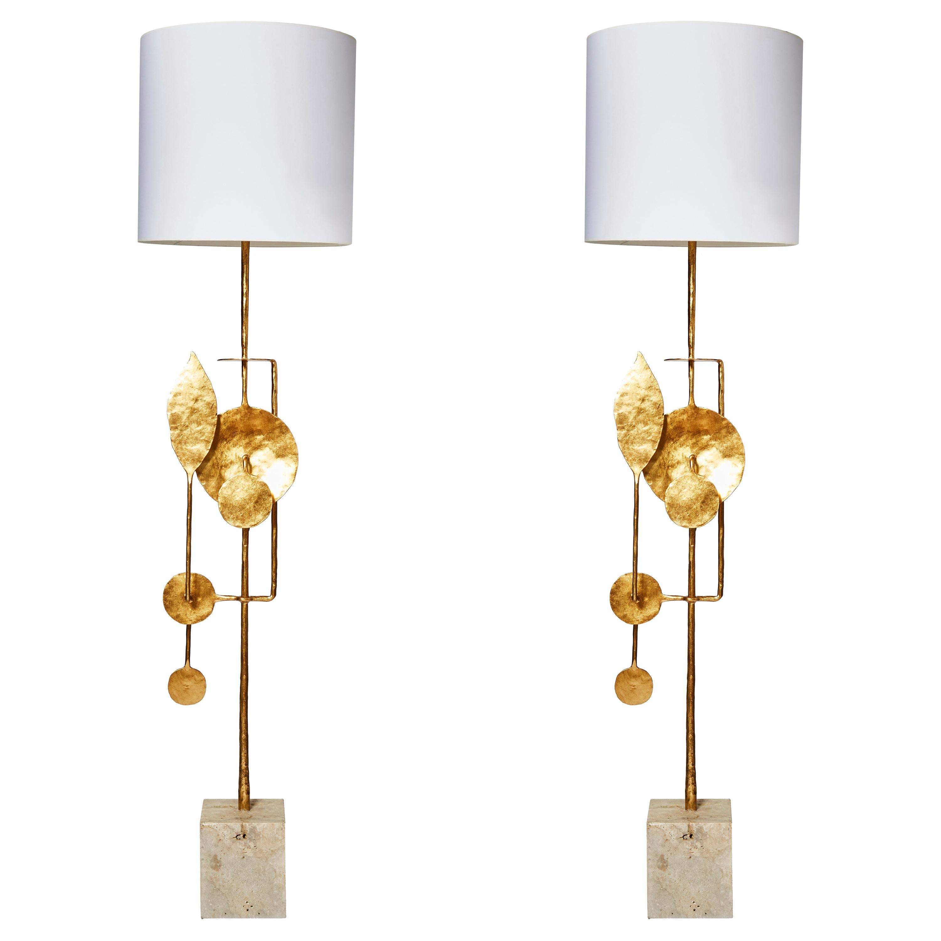 Travertine and Brass Floor Lamps