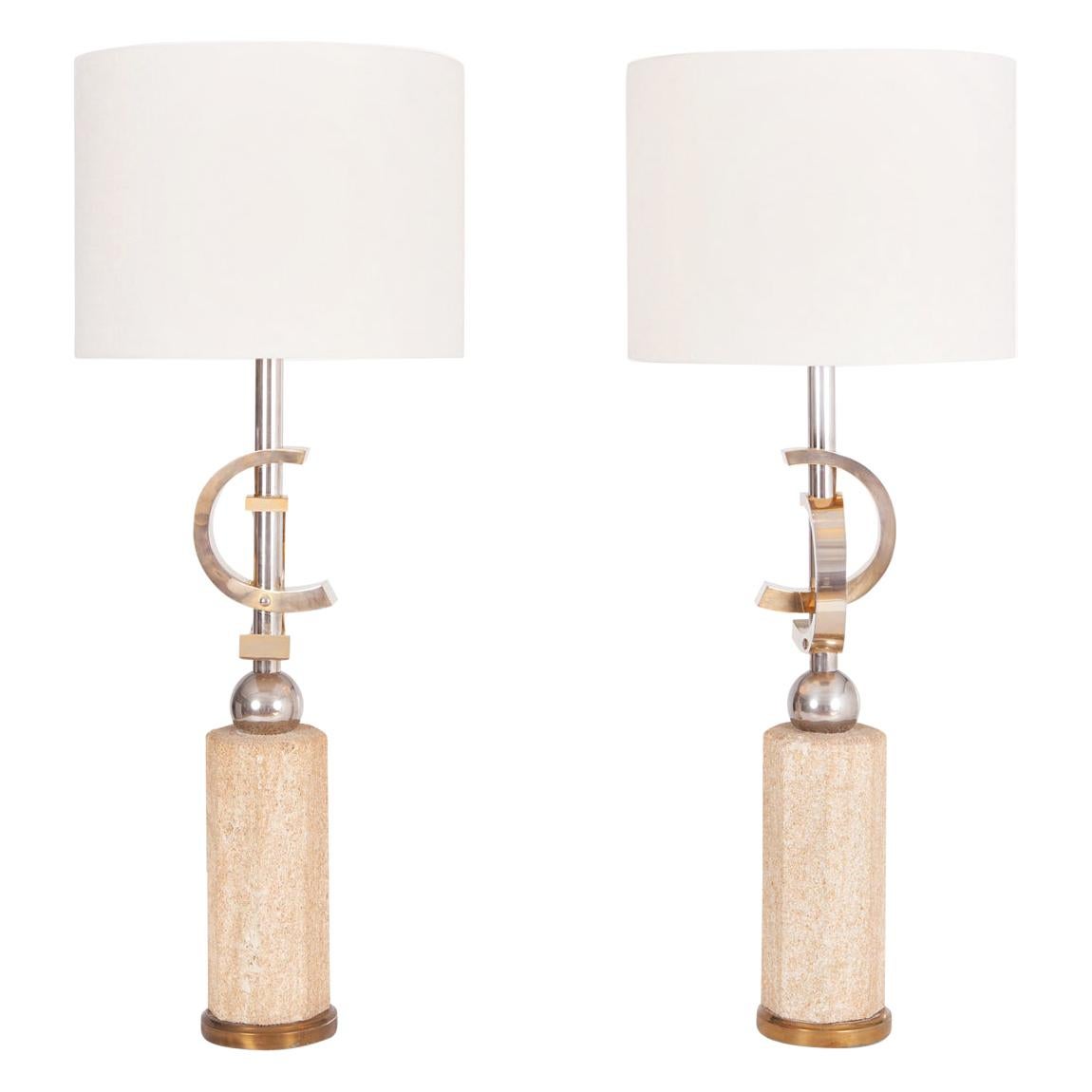 Travertine and Brass Floor Lamps