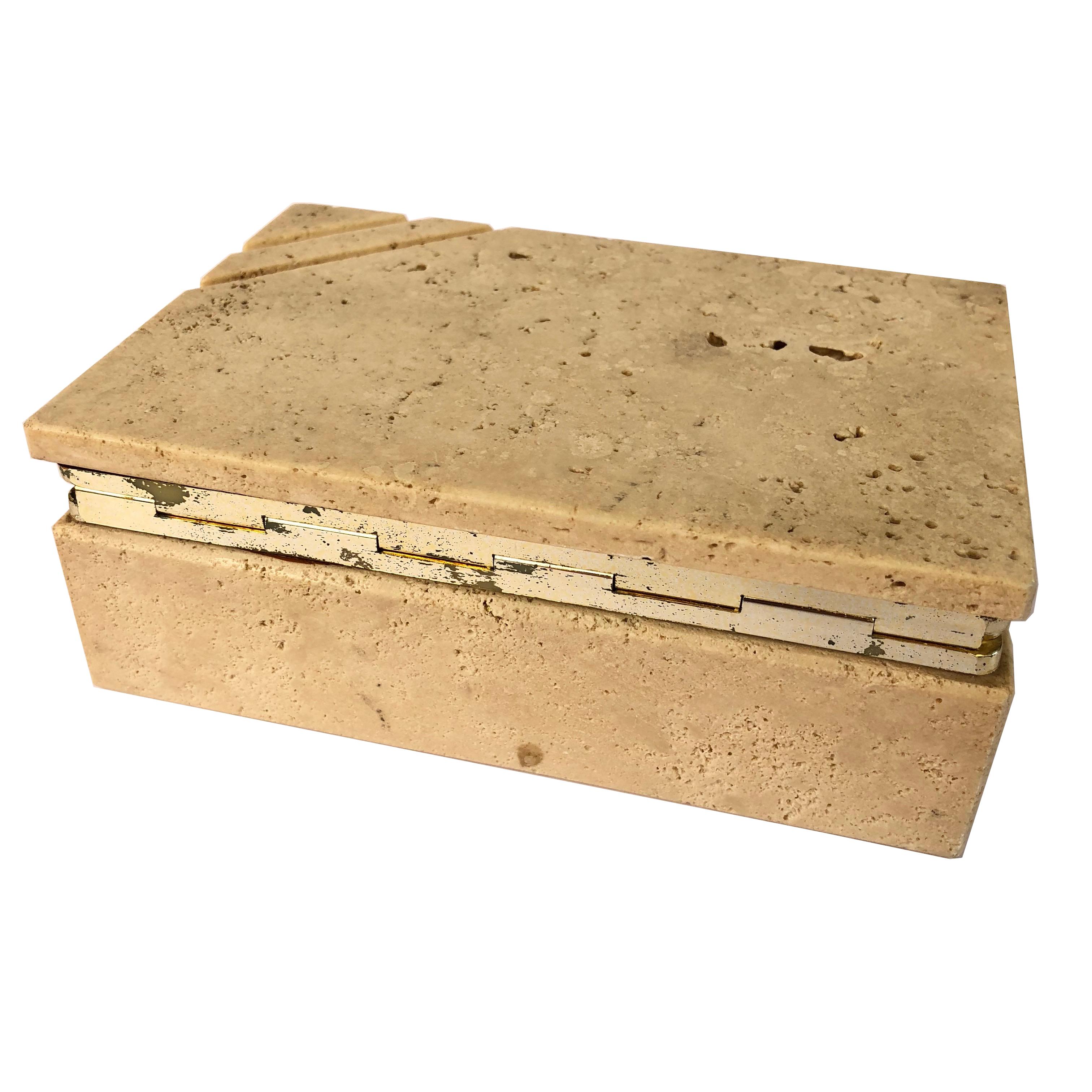 Travertine and Brass Hinged Box in Organic Style Attributed to Fratelli Mannelli In Good Condition In Rome, IT