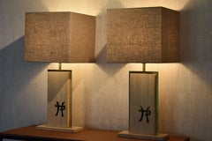 FINAL SALE Travertine and Brass Mahey Signature Table Lamps, Mid-Century Modern