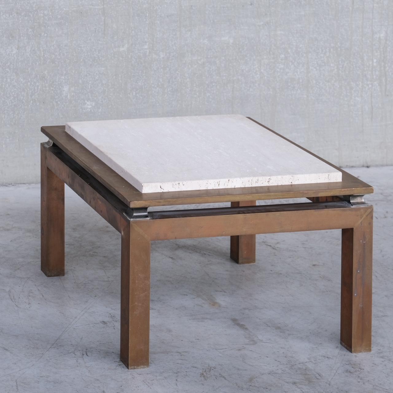 Mid-Century Modern Travertine and Brass Mid-Century French Side or Coffee Table For Sale