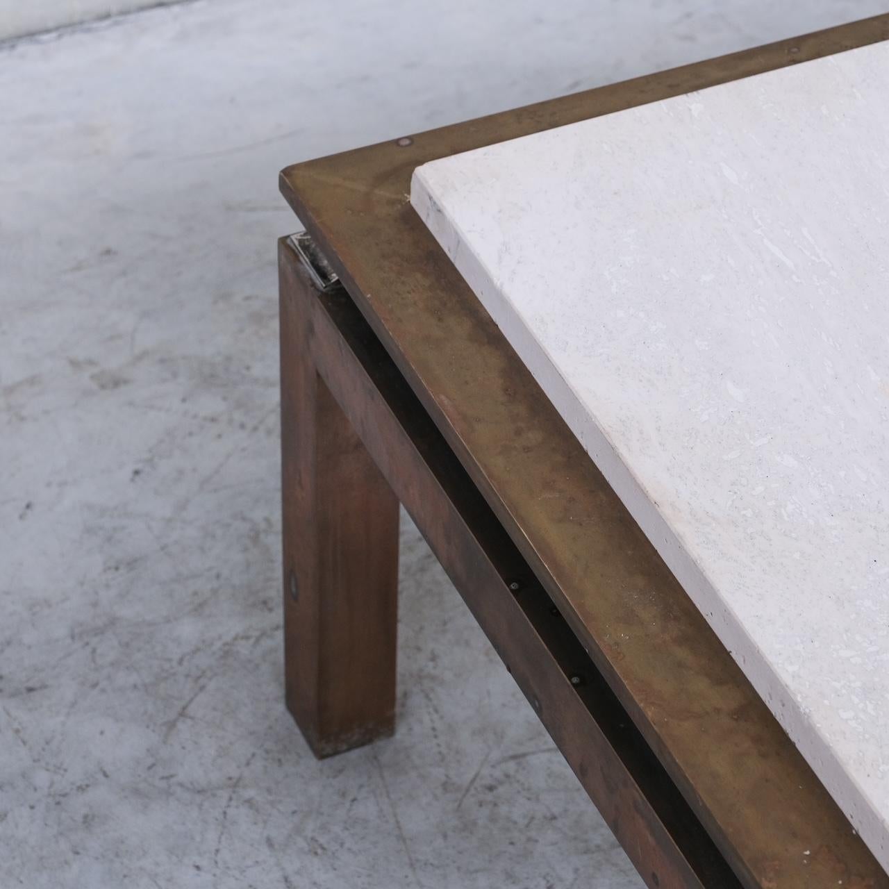 Travertine and Brass Mid-Century French Side or Coffee Table For Sale 1