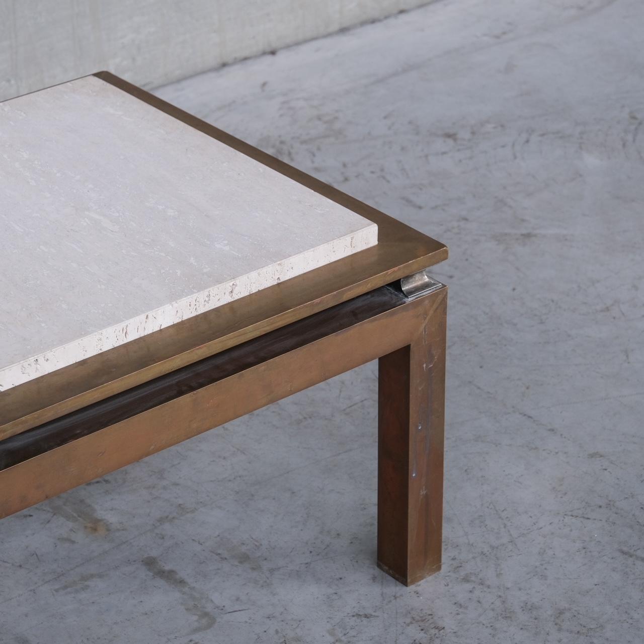 Travertine and Brass Mid-Century French Side or Coffee Table For Sale 2