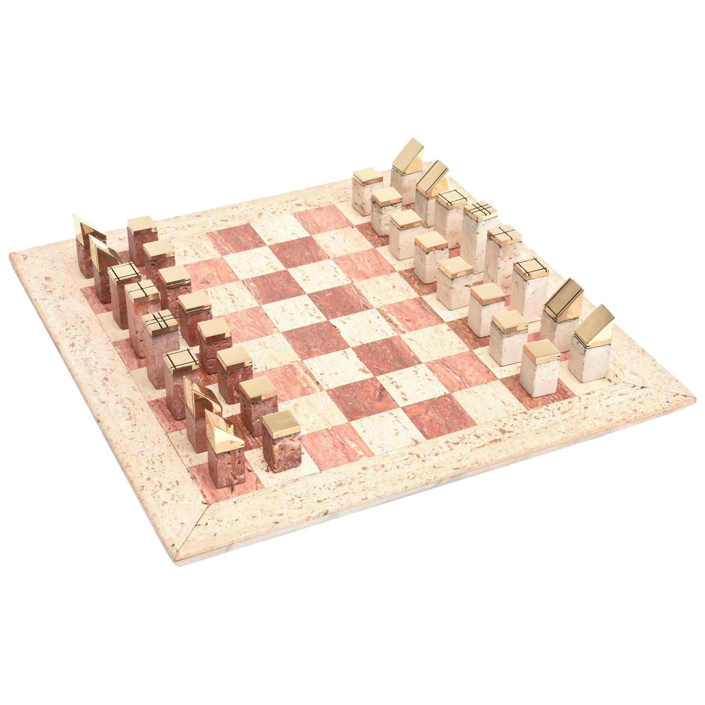 Travertine and Brass Modernist Chess Set Vintage Italian