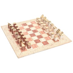 Travertine and Brass Modernist Chess Set Vintage Italian