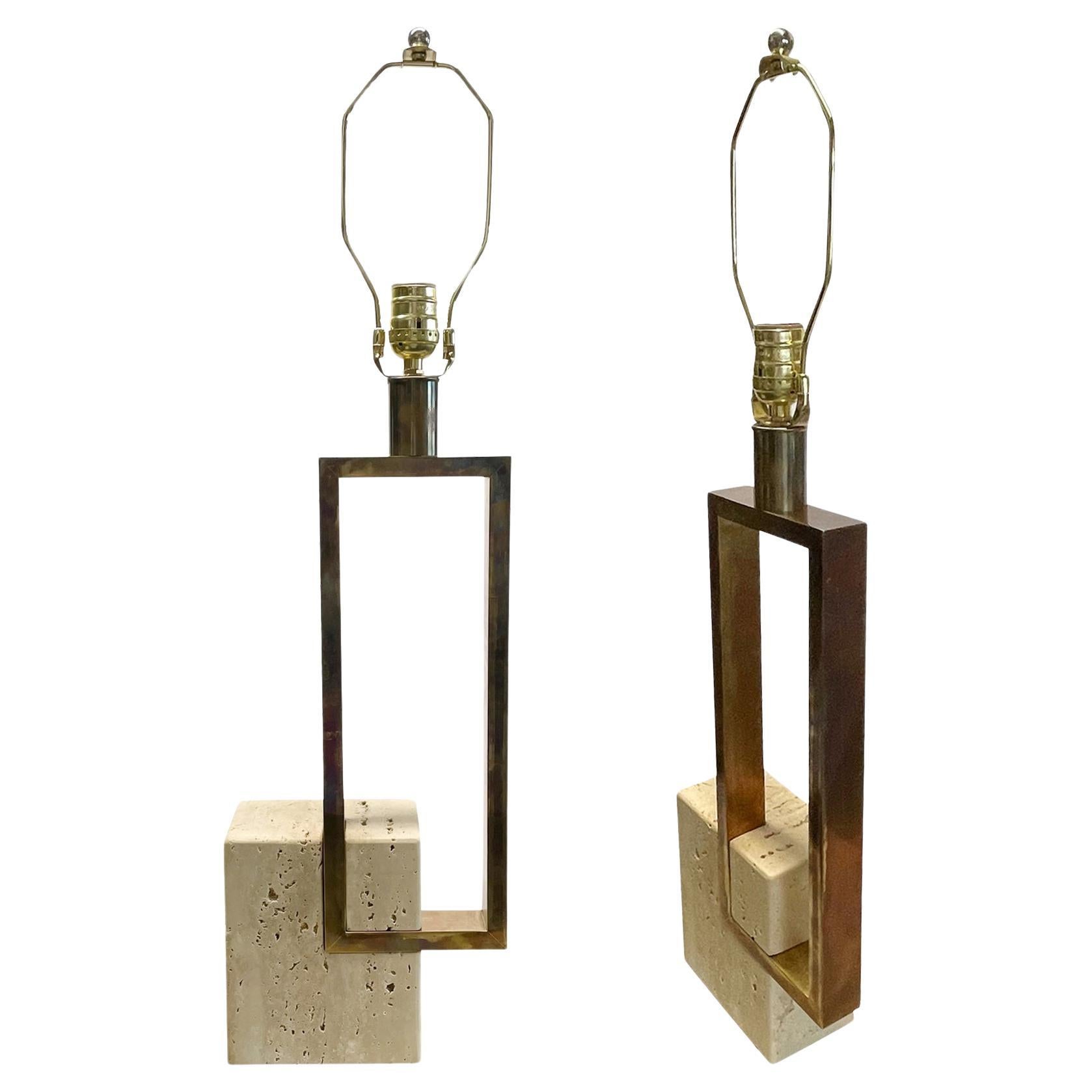 Travertine And Brass Pair Lamps, Italy, 1960s For Sale