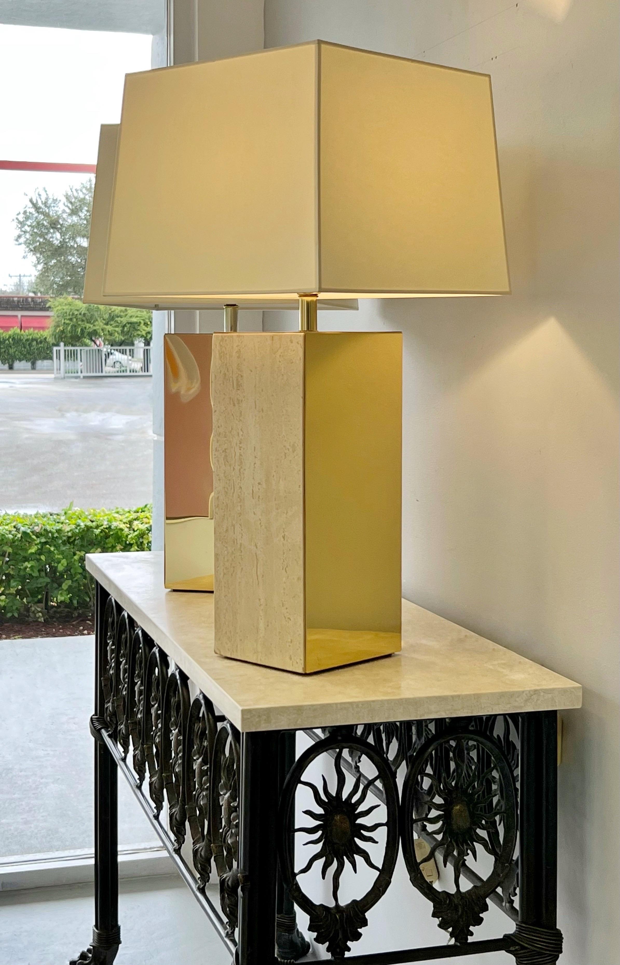 Travertine and Brass Pair of Large Table Lamps In Good Condition In Miami, FL