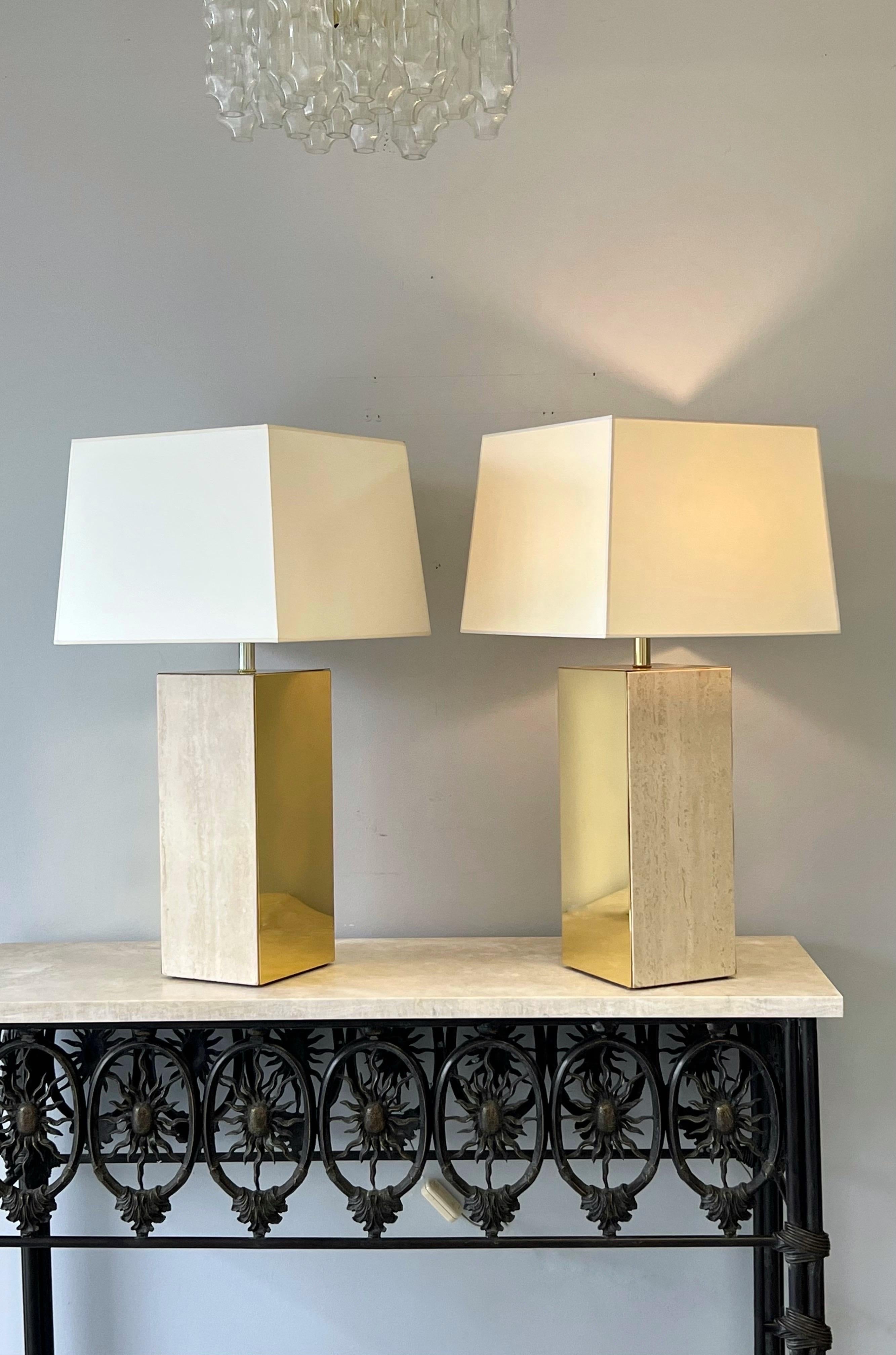 Travertine and Brass Pair of Large Table Lamps 1