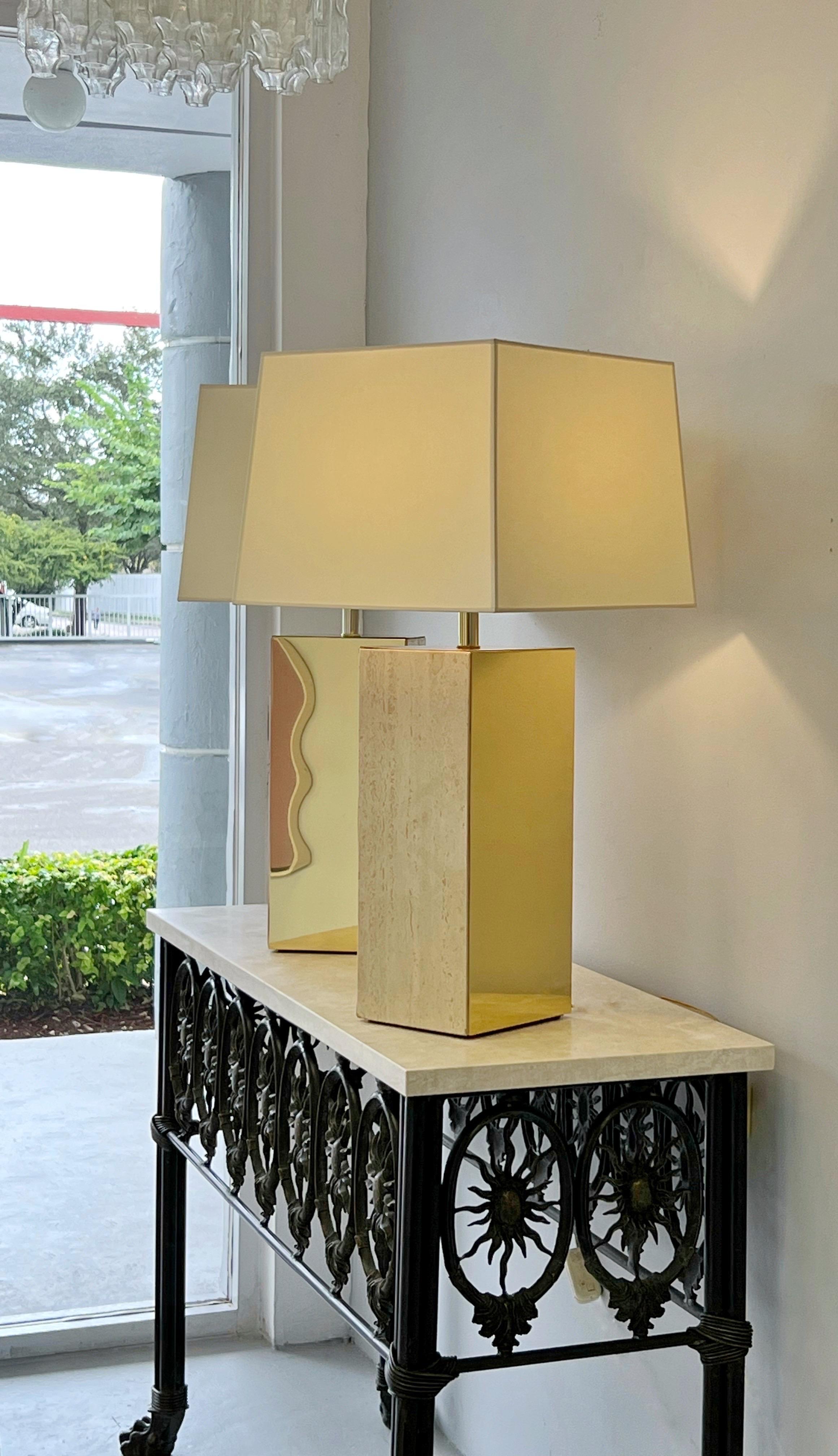 Travertine and Brass Pair of Large Table Lamps 2