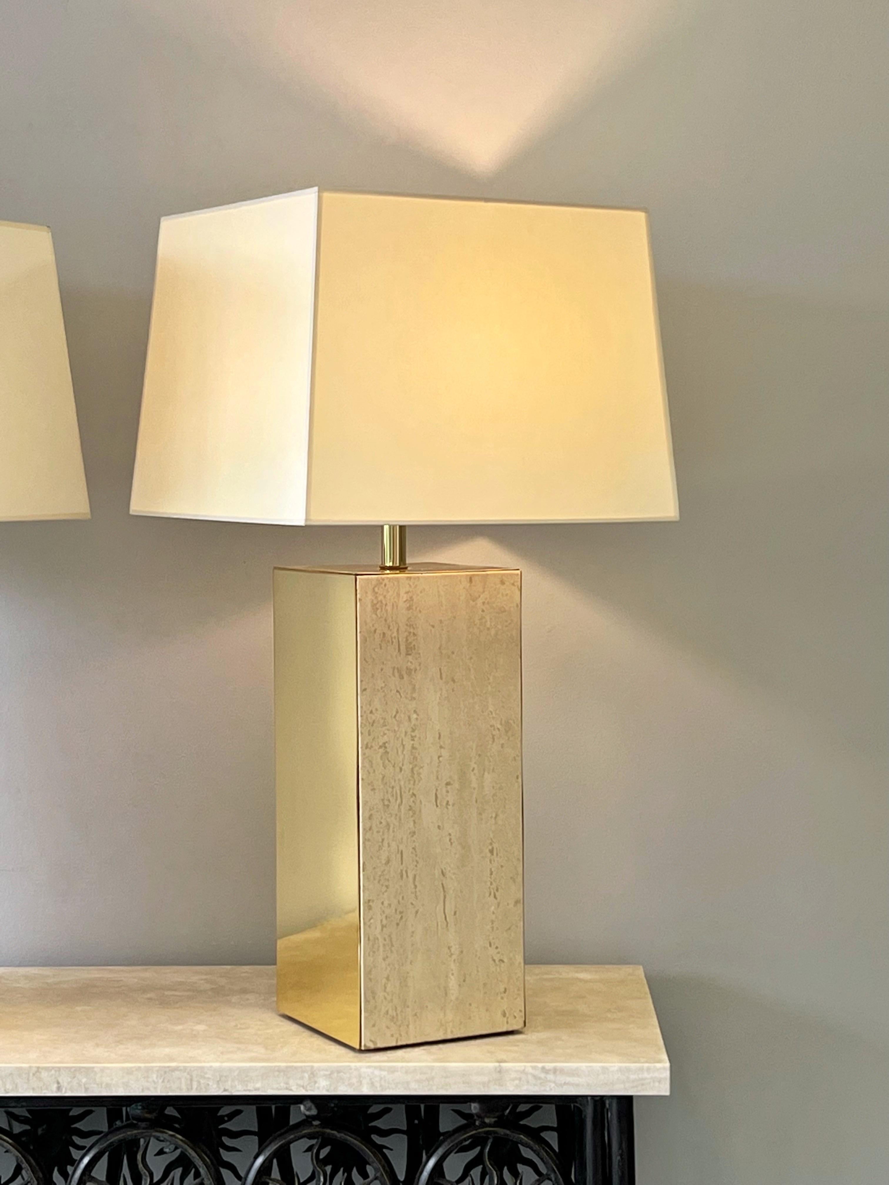Travertine and Brass Pair of Large Table Lamps 3