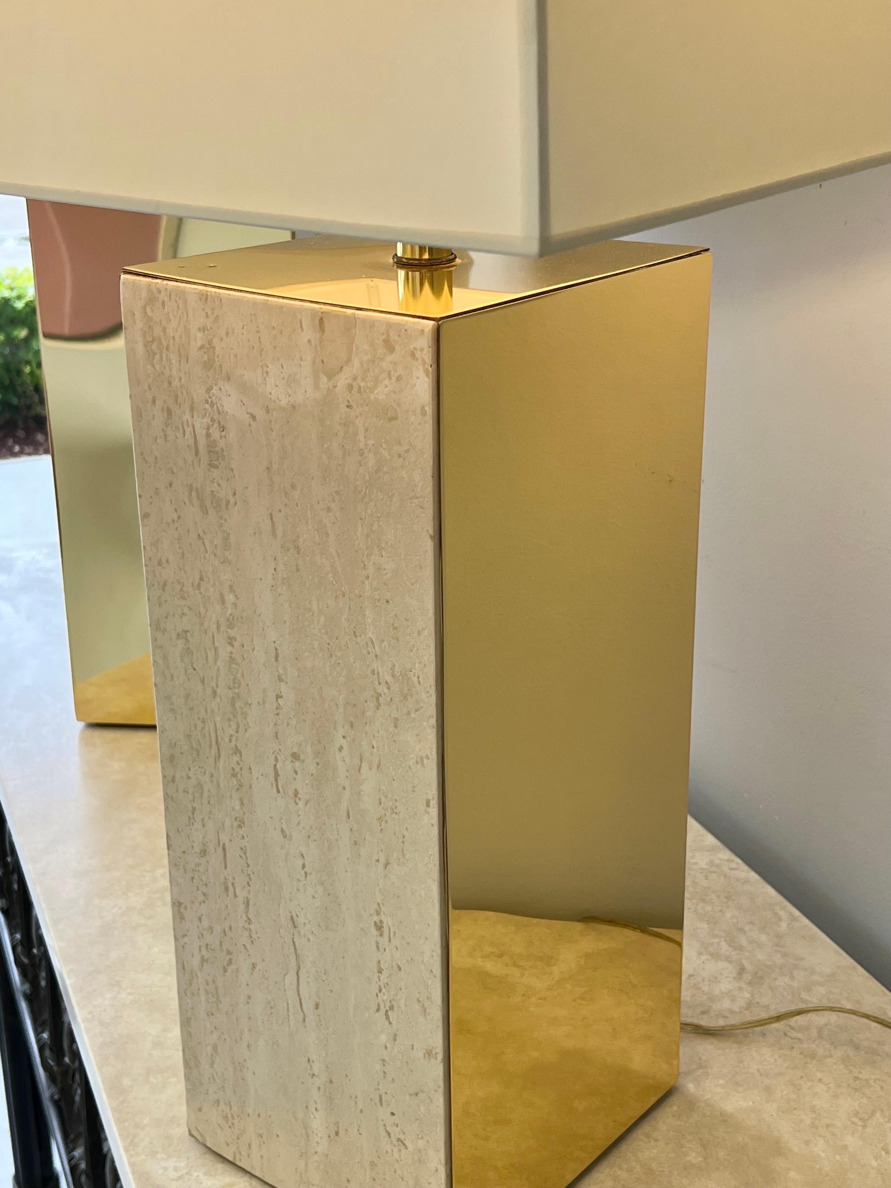 Travertine and Brass Pair of Large Table Lamps 4
