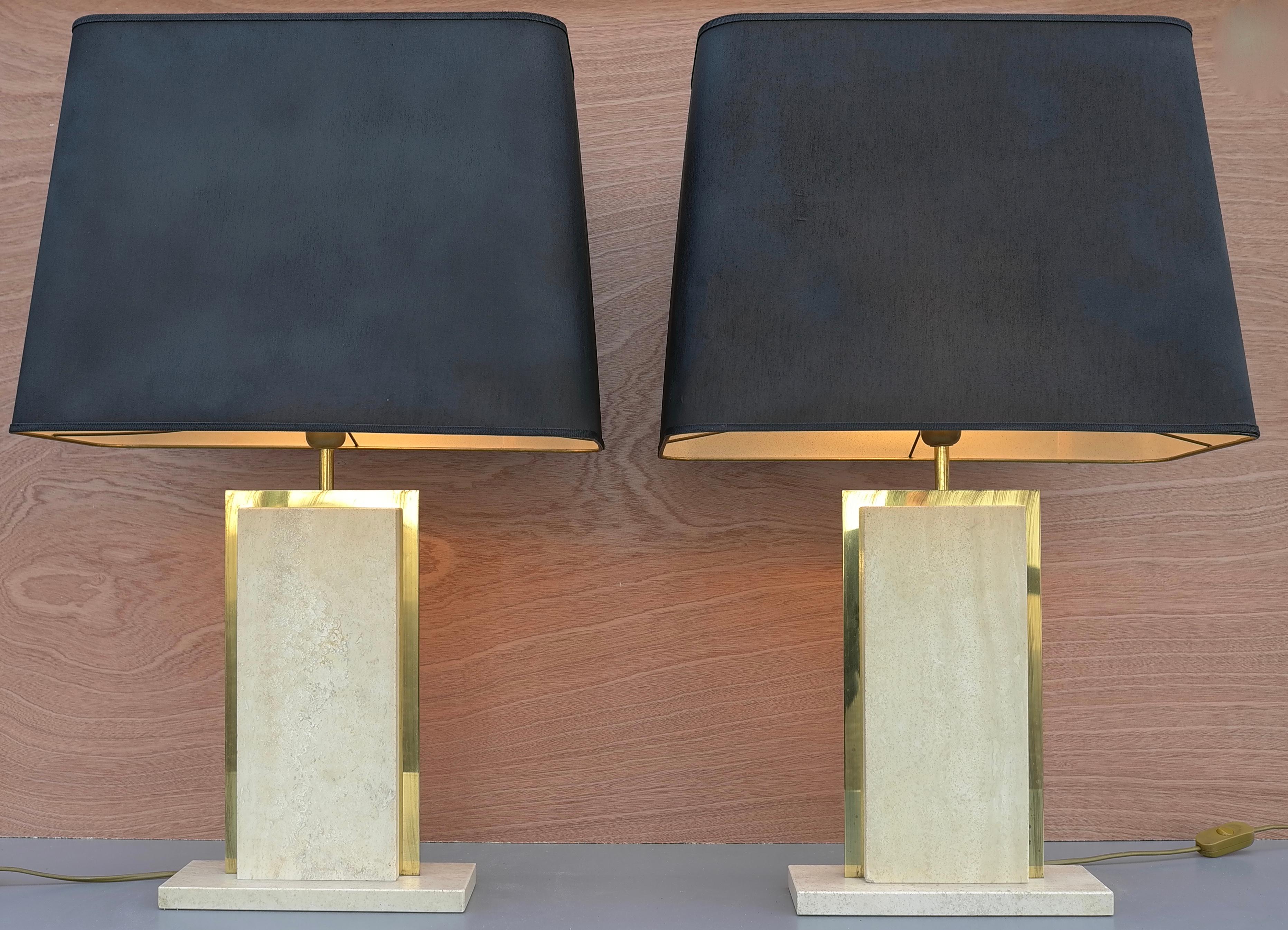 Belgian Travertine and Brass Sculptural Mid-Century Modern Table Lamps, Belgium 1970's For Sale