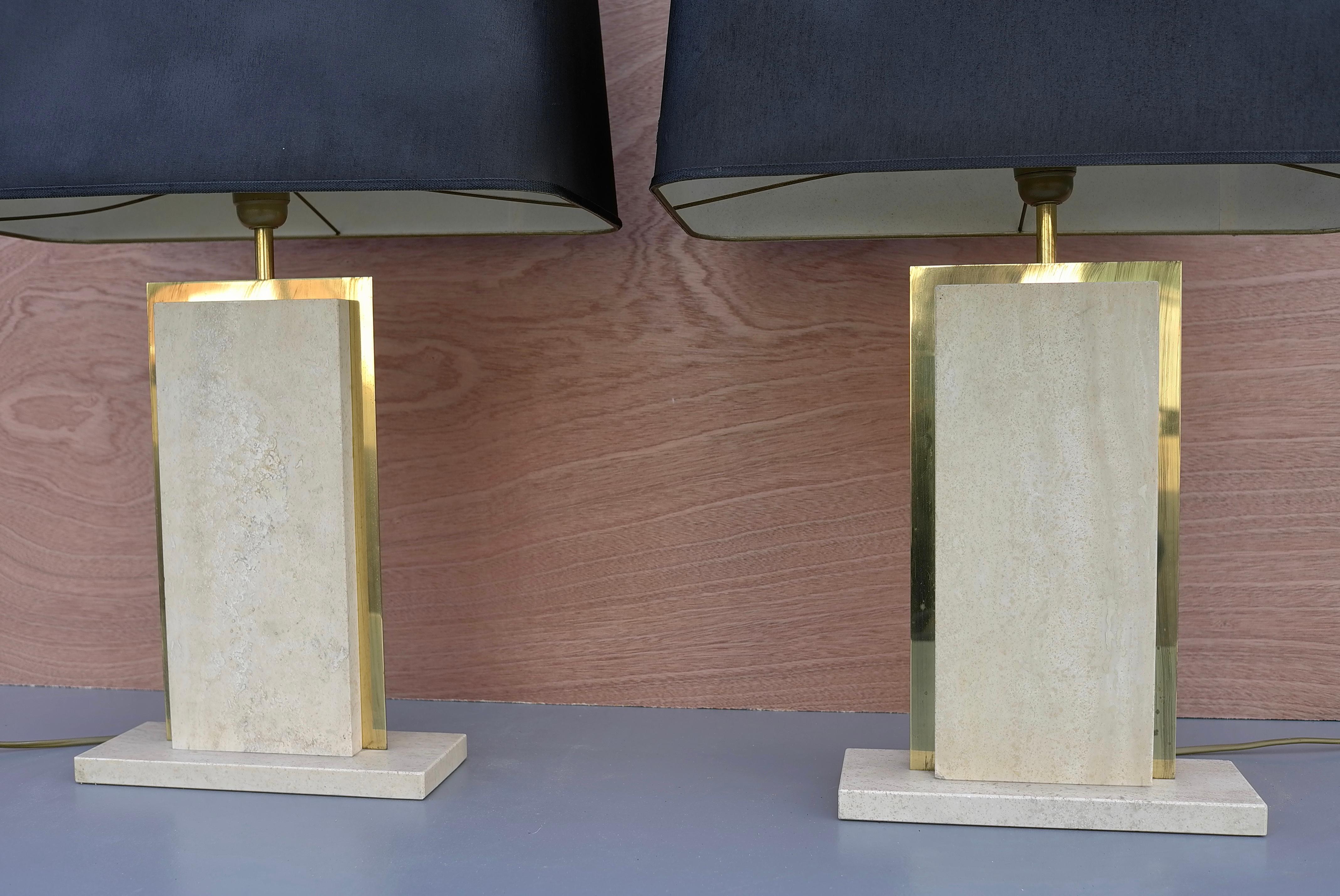 Late 20th Century Travertine and Brass Sculptural Mid-Century Modern Table Lamps, Belgium 1970's For Sale
