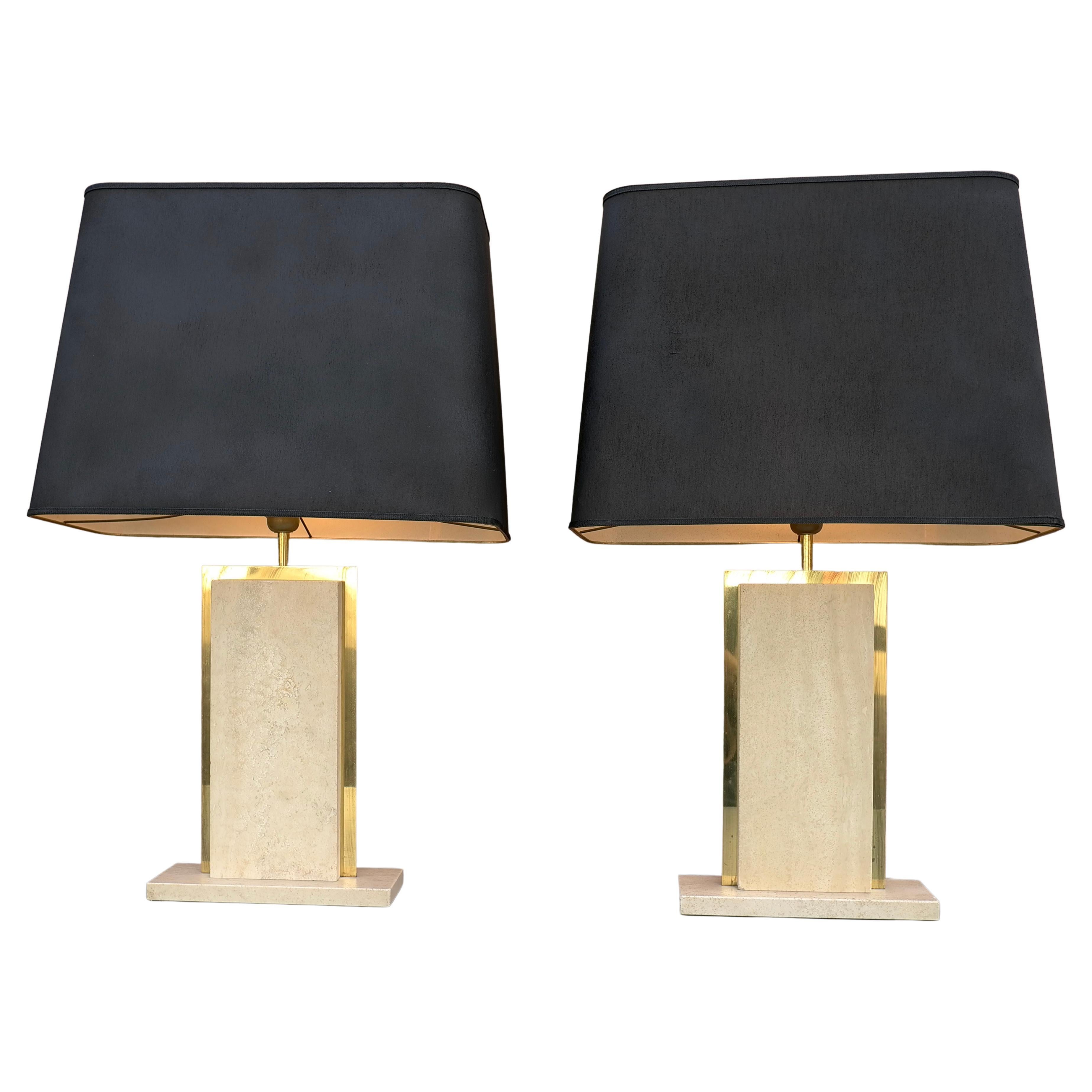 Travertine and Brass Sculptural Mid-Century Modern Table Lamps, Belgium 1970's