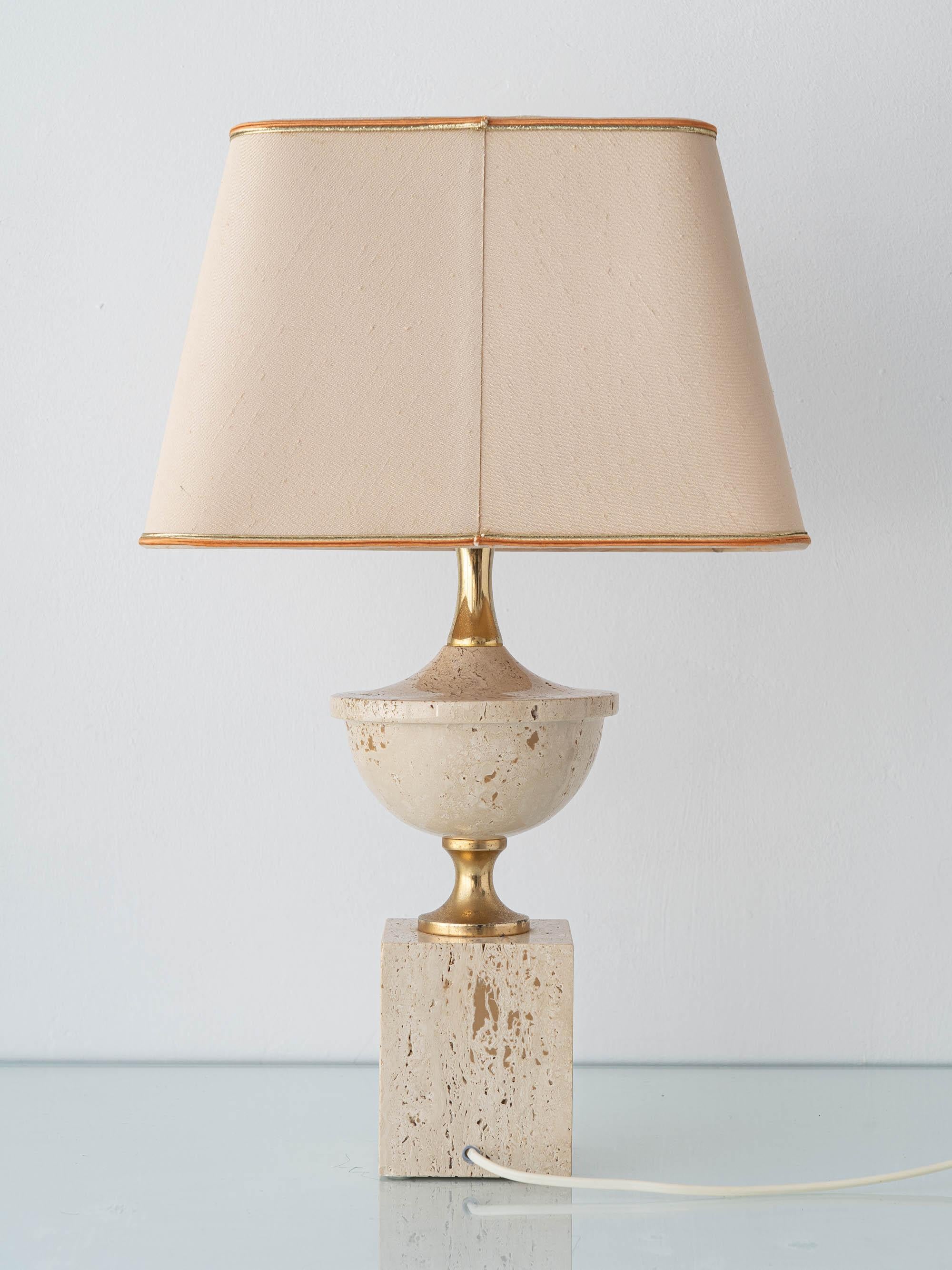 Italiano Travertine and Brass Table Lamp attributed to Philippe Barbier, 1970s in vendita