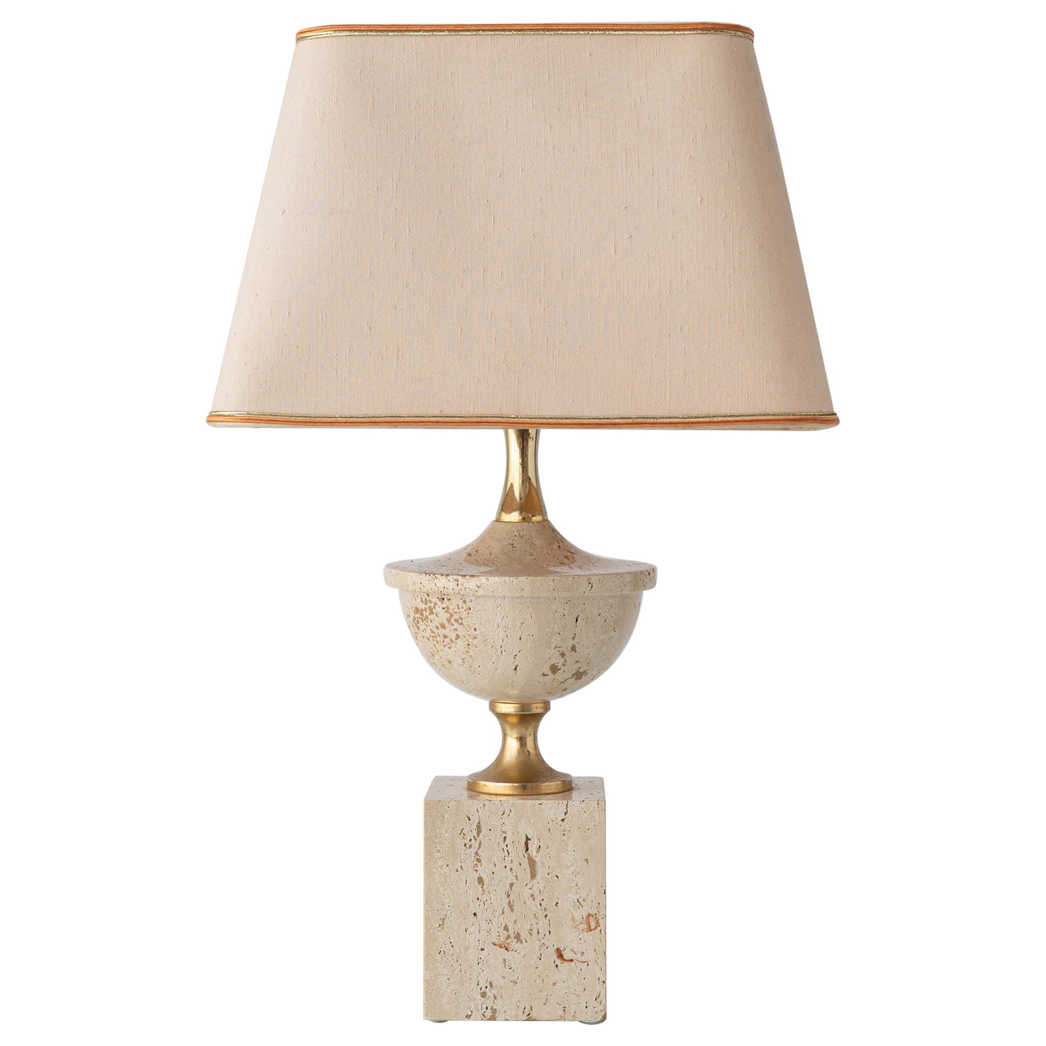 Travertine and Brass Table Lamp attributed to Philippe Barbier, 1970s